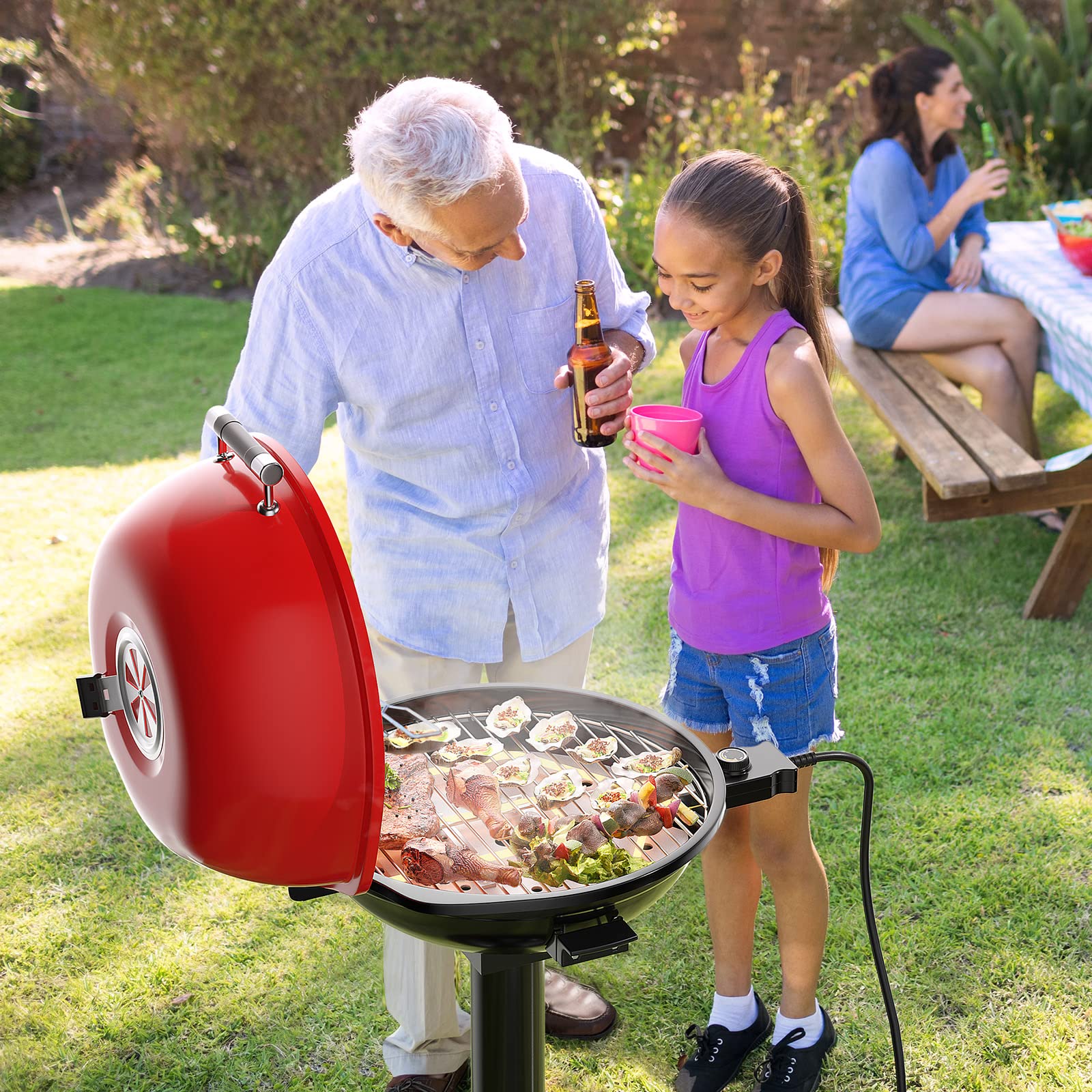 Giantex 1600W Electric Grill Indoor & Outdoor, Portable BBQ Grill with Removable Non-Stick Griddle, Adjustable Temperature Control & Oil Drip Pan - Perfect for Picnic, Camping, Backyard Cooking, Tailgating & Home Use (Red)