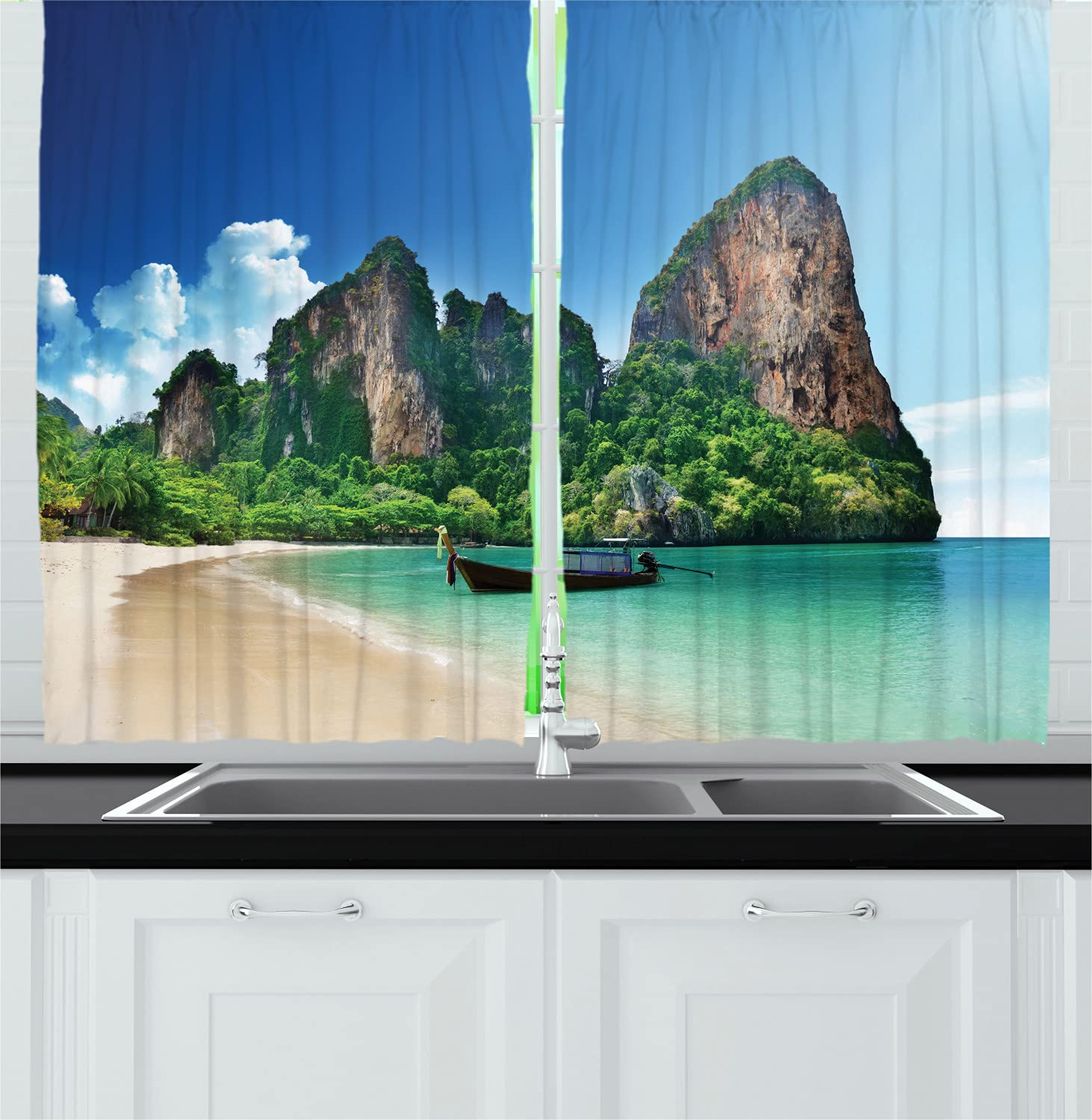 Ambesonne Tropical Long Kitchen Curtains - Railay Beach Krabi Thailand Landscape Print, 2 Panel Drapes with Rod Pocket, 55x45 Inch Blue Green Coastal Decor for Windows, Living Room & Beach House Style