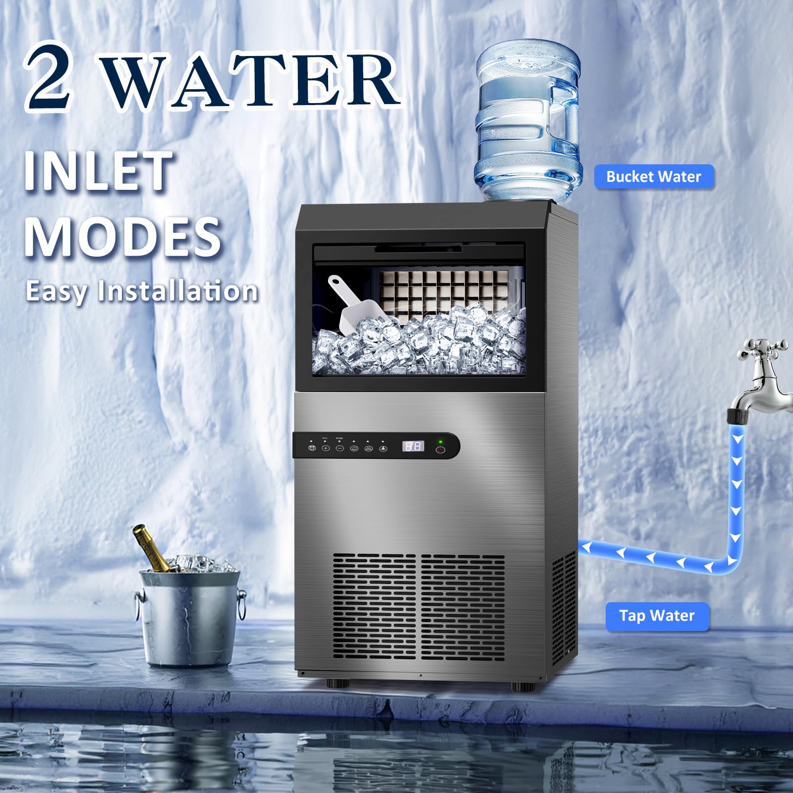 Commercial Ice Maker Machine 100lbs/24H - Stainless Steel Undercounter Ice Machine with 45 Ice Cubes per Cycle, Dual Water Inlet Modes, Self-Cleaning, 24H Timer - Perfect for Bars, Coffee Shops, Restaurants & Commercial Kitchens