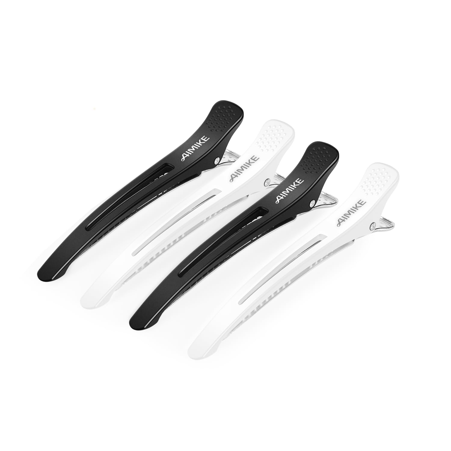 AIMIKE 4pcs Professional Duckbill Hair Clips for Styling & Sectioning - Non-Slip No-Trace Hair Cutting Clips with Silicone Band for Salon & Home Use - Perfect for Hairdressers, Women & Men (White & Black, 4.3