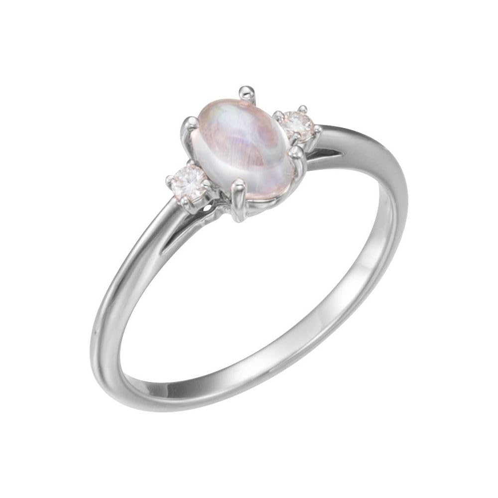 925 Sterling Silver Solitaire Rainbow Moonstone & Diamond Ring - 9.6mm Wide Band, 0.06cttw - Elegant Wedding, Engagement, Anniversary Jewelry Gift for Women
