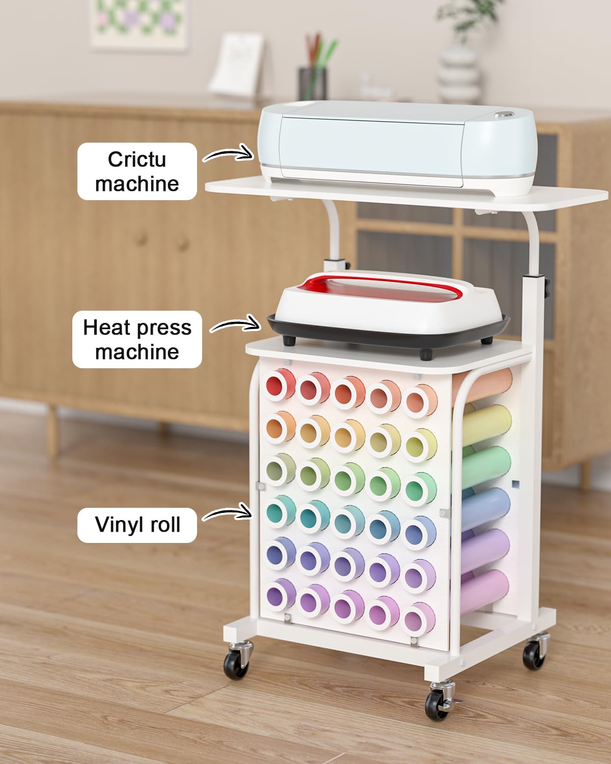 Rolling Craft Cart with Vinyl Roll Holder & Adjustable Height - Craft Storage Organizer Table Compatible with Cricut Machines | Perfect for Scrapbooking, DIY Projects & Craft Room Organization