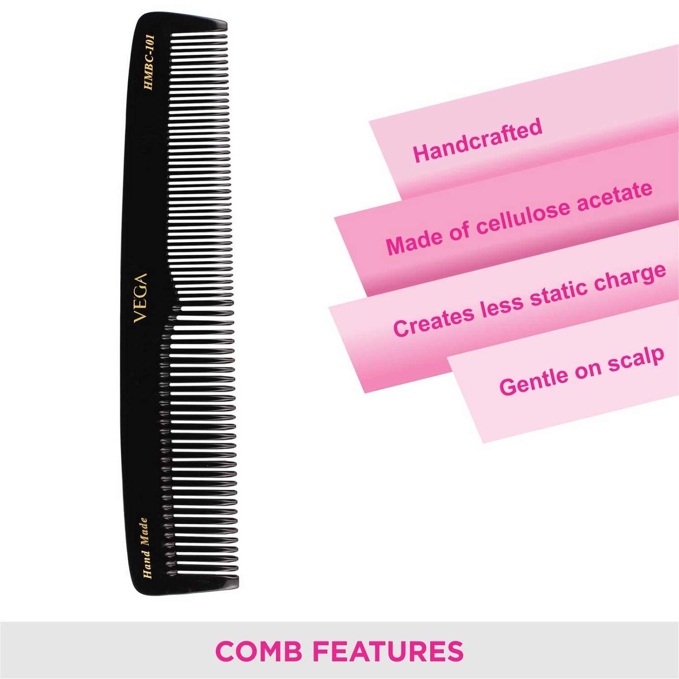 Vega Mini Flat Brush with Wooden Handle & Black Bristles - Vega Graduated Dressing Comb 9 Inch Black - Perfect for Hair Styling, Detangling & Salon Use