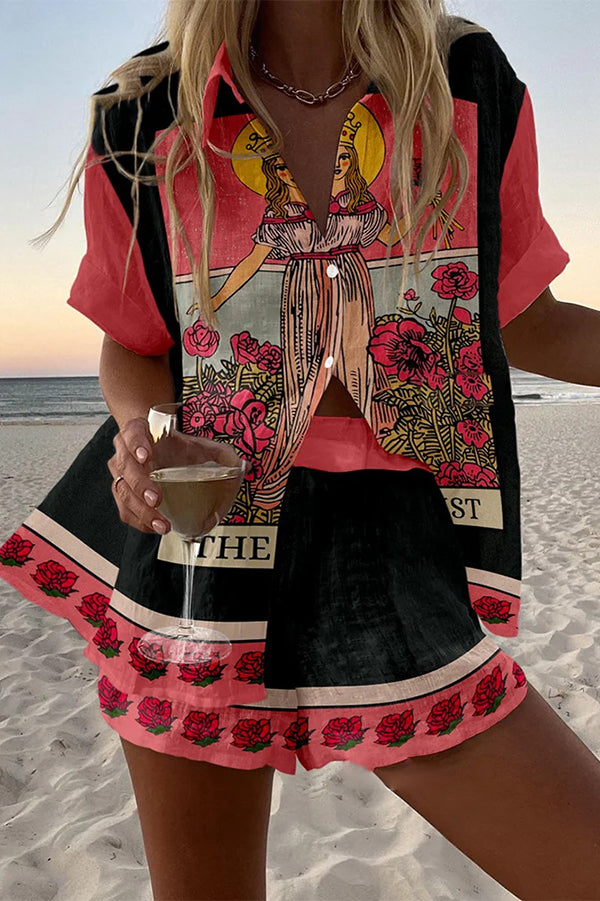 Women's Tarot Print Loose Button Elastic Waist Shorts Set - Comfortable Summer Casual Outfit for Yoga, Beach, and Lounge Wear