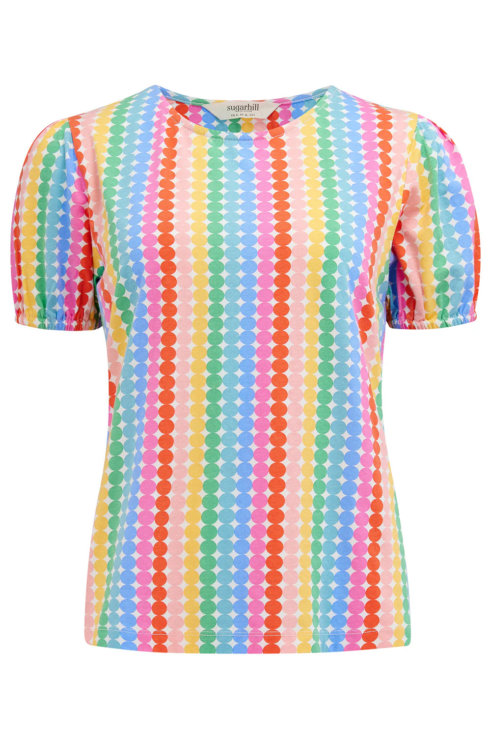 Lexley Jersey Top for Women - Colorful Rainbow Circles Print, Comfortable Stretch Fabric, Casual & Trendy T-Shirt - Perfect for Summer Outfits, Beach Trips, and Everyday Wear