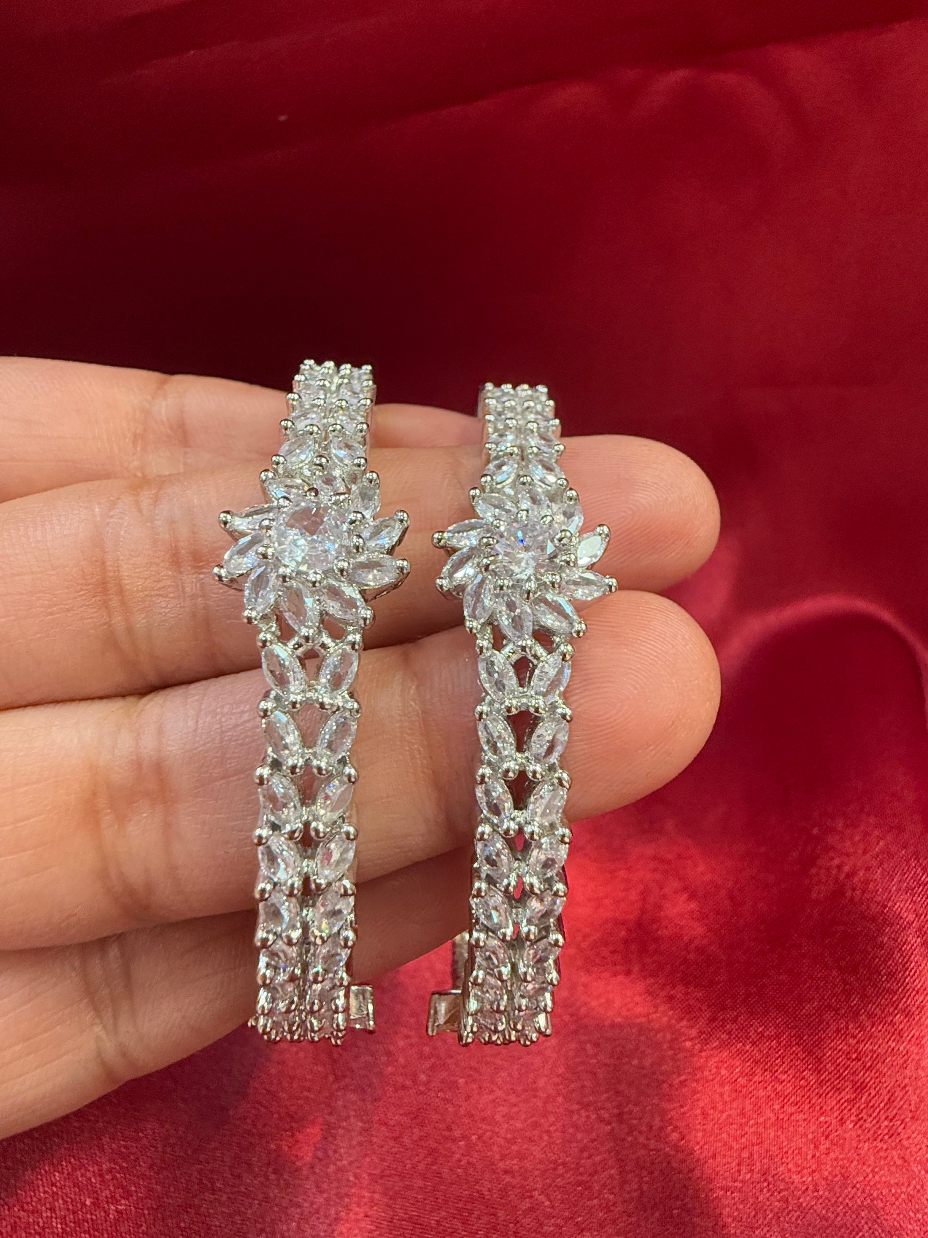 Elegant White Flower Design American Diamond Bangle Set for Women - Perfect for Weddings, Parties & Special Occasions