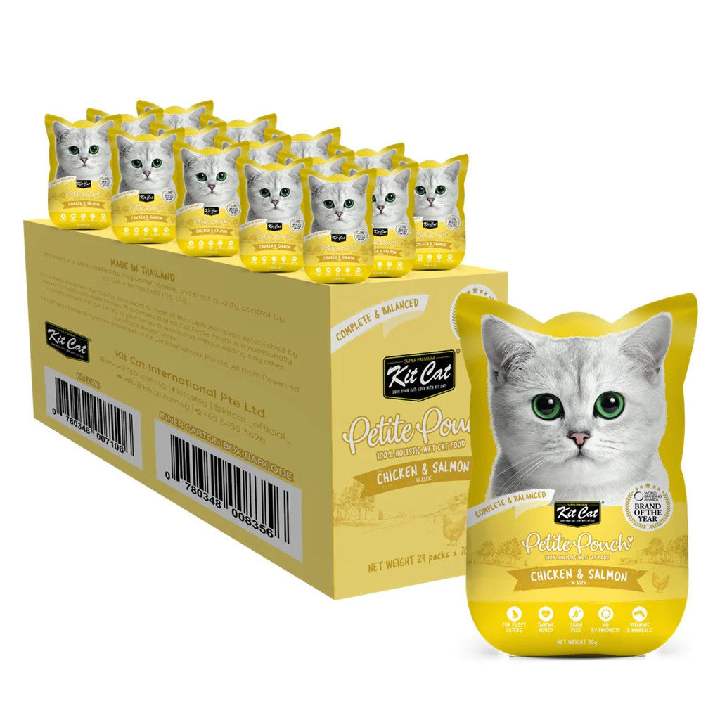 24 Pack Kit Cat Petite Pouch Grain-Free Wet Cat Food - 70g Pouch for Adult & Senior Cats - Perfect for Travel, Treats & Mealtime Variety