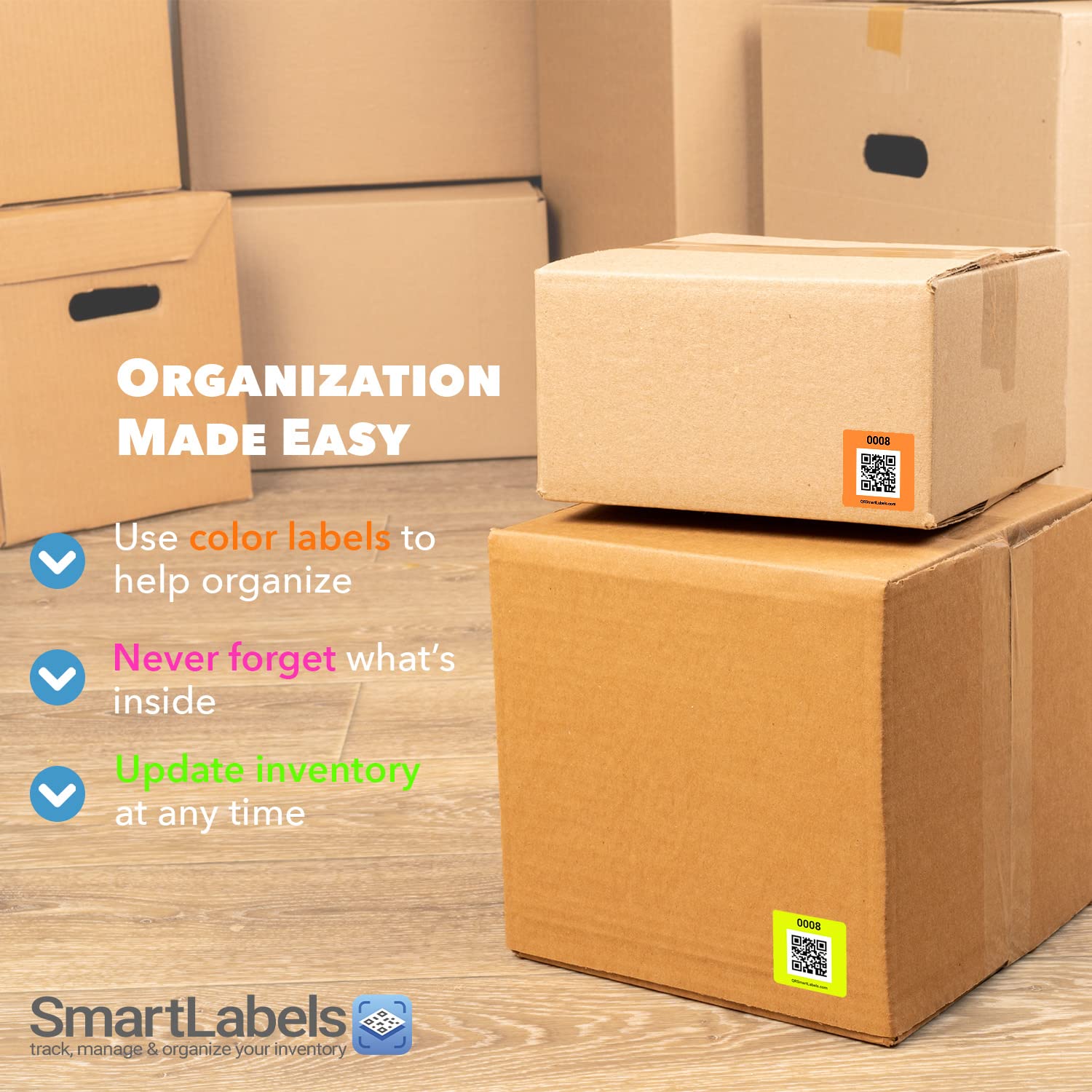 48 Pack Neon QR Code Smart Labels - Made in USA for Storage & Inventory Tracking | Organize Storage Units, Moving Supplies & App Inventory Management | Perfect for Home Organization, Warehouse Logistics & Small Business Inventory Control