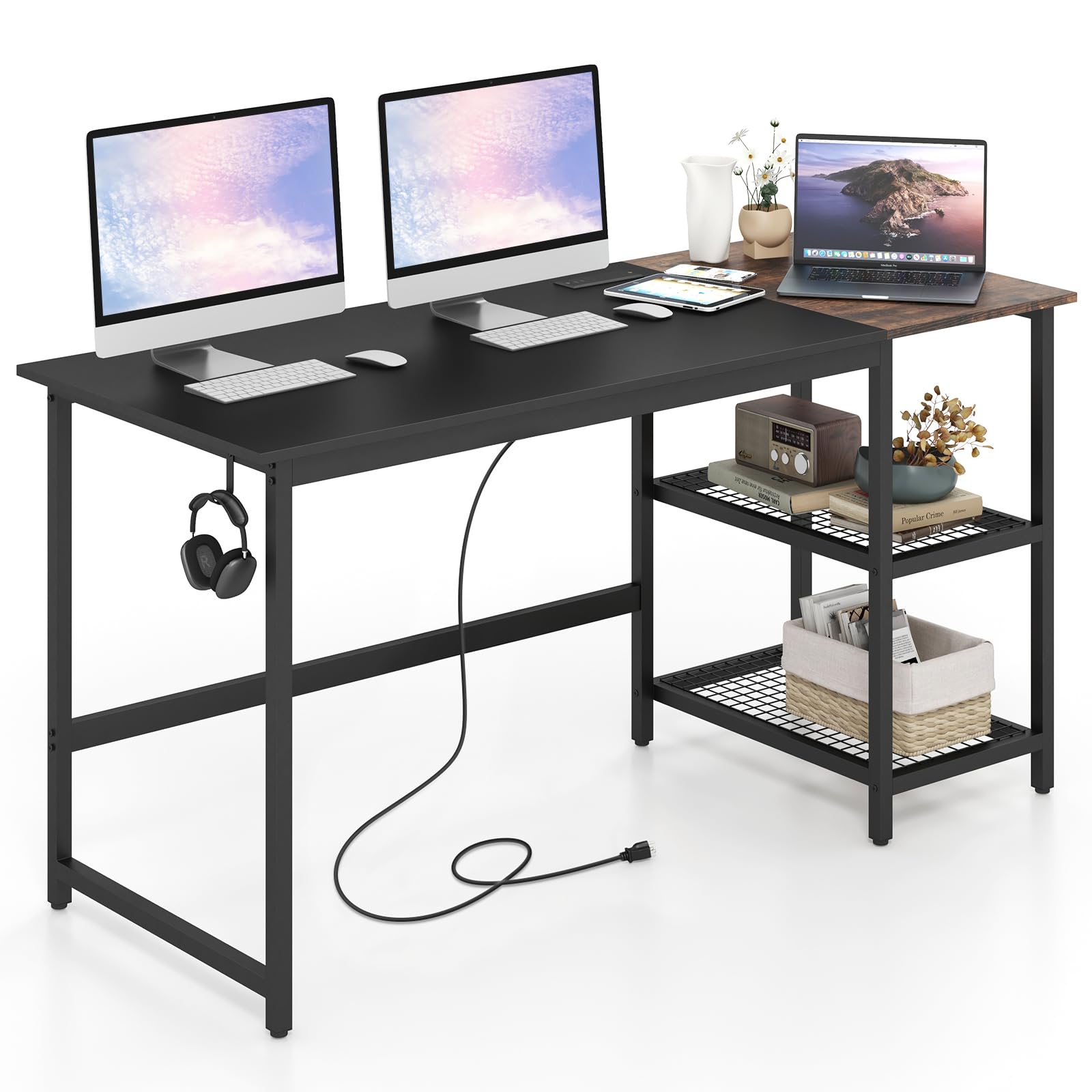 Tangkula 59 Inch Modern Industrial Computer Desk with Charging Station, 2-Tier Storage Shelves & Hook, Sturdy Metal Frame PC Laptop Workstation for Home Office, Study, and Gaming Setup