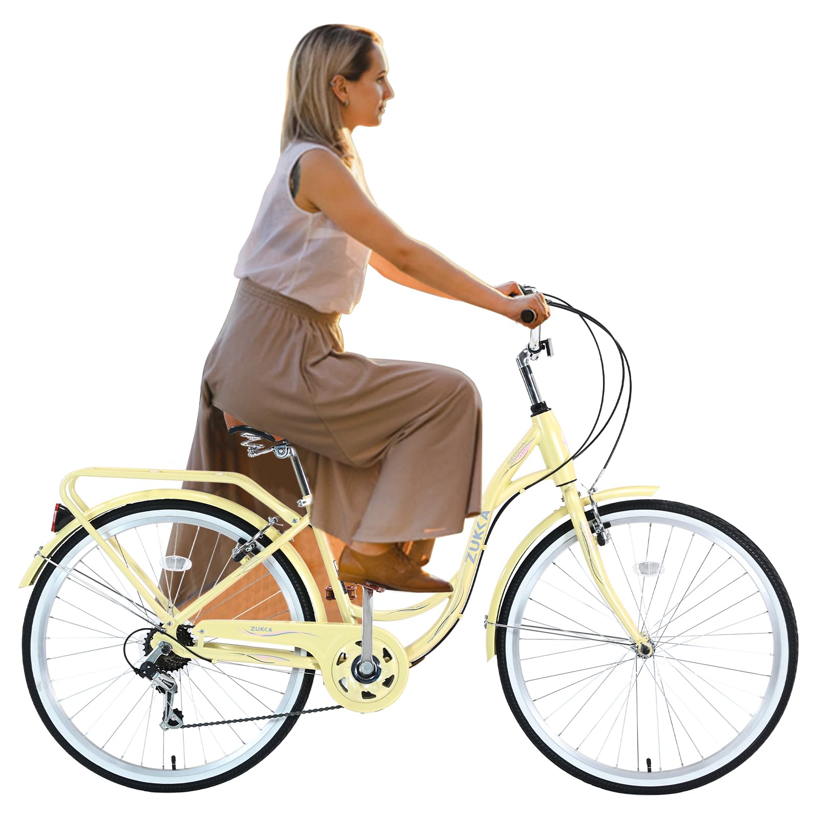 26 Inch Women's Beach Cruiser Bike - 7 Speed Hybrid City Bicycle for Adults, Men & Women with Leather Saddle | US Stock | Multiple Colors | Perfect for Commuting, Leisure Rides & Coastal Adventures