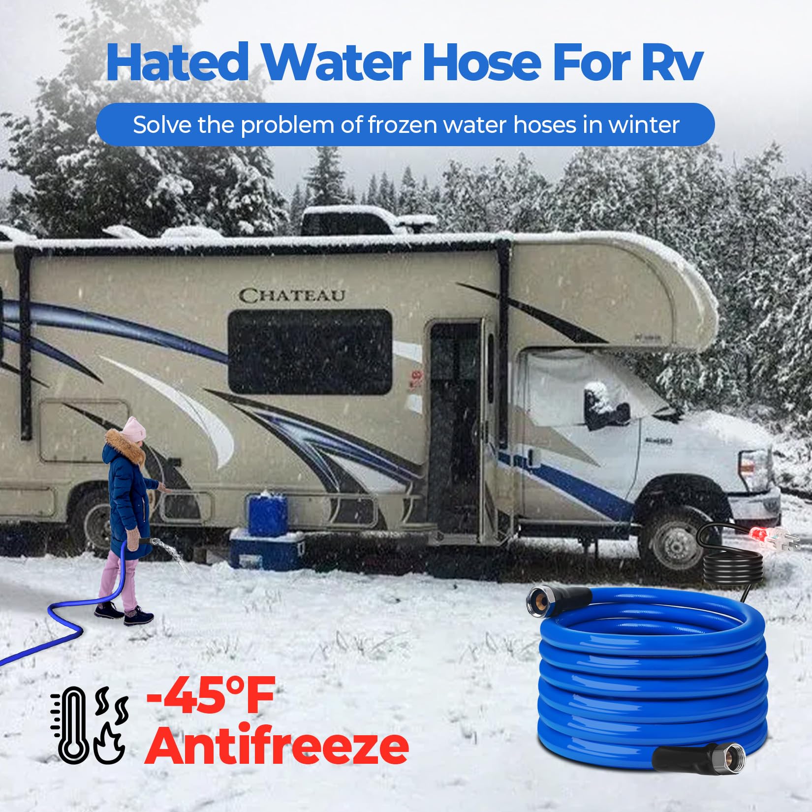 50FT Heated RV Water Hose -45°F Freeze Proof, Upgraded 4.0 Drinking Safe Garden Hose with Heating Cable | RV Accessories for Winter Camping, Outdoor Watering & Pet Care
