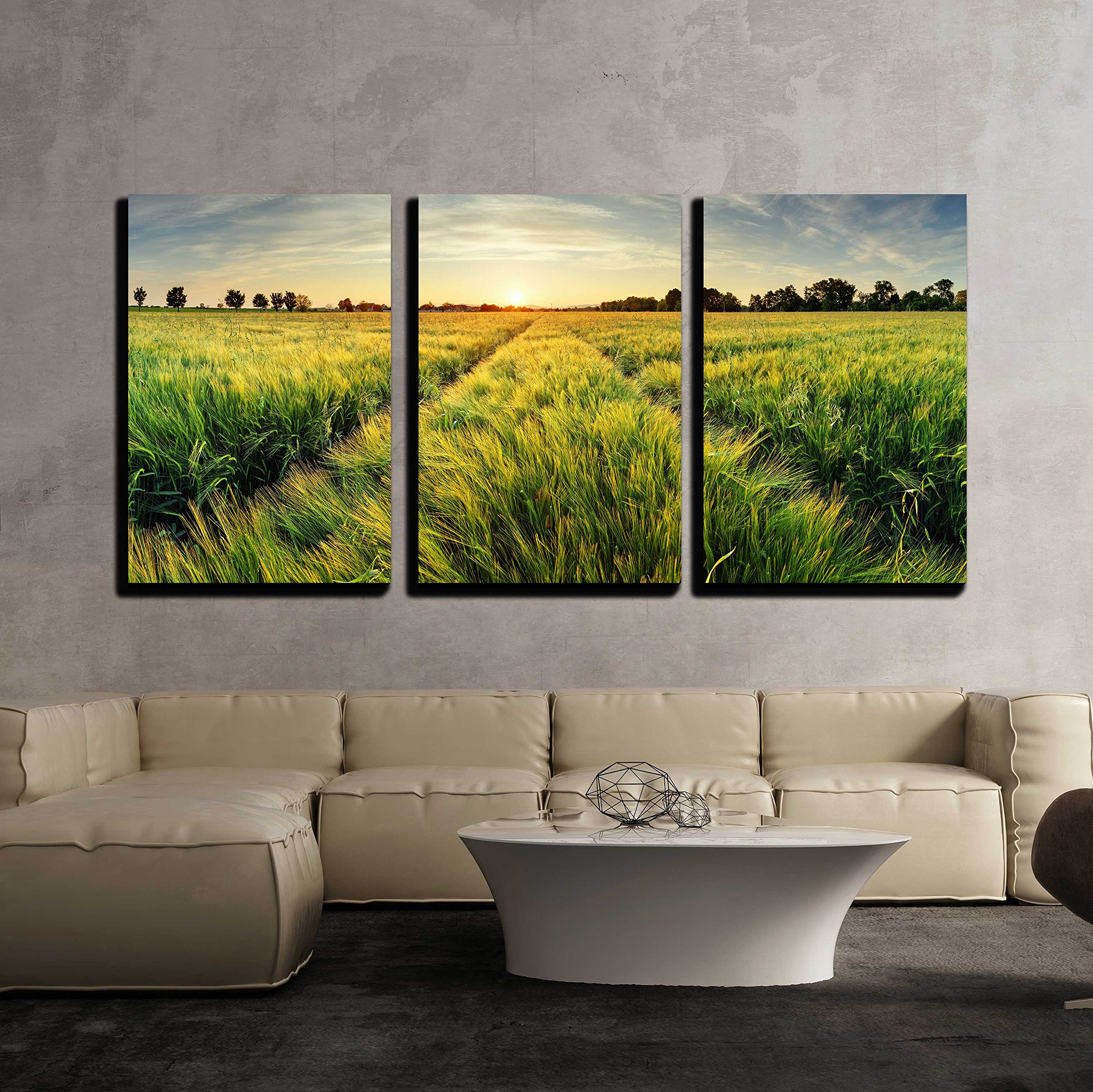 Wall26 - 3 Piece Canvas Wall Art Set - Sunset Wheat Field Rural Landscape Painting - Stretched & Framed Modern Home Decor - 16