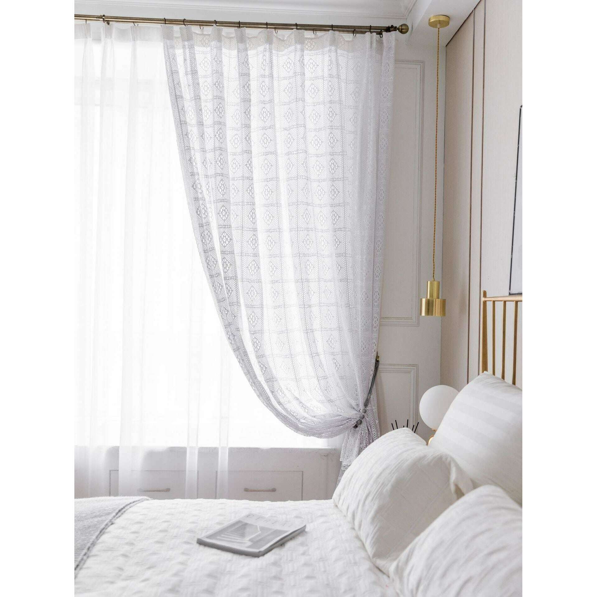 Rémy Crochet Sheer Curtains - Green & Pink Lace Window Drapes for Living Room, Bedroom & Nursery Decor