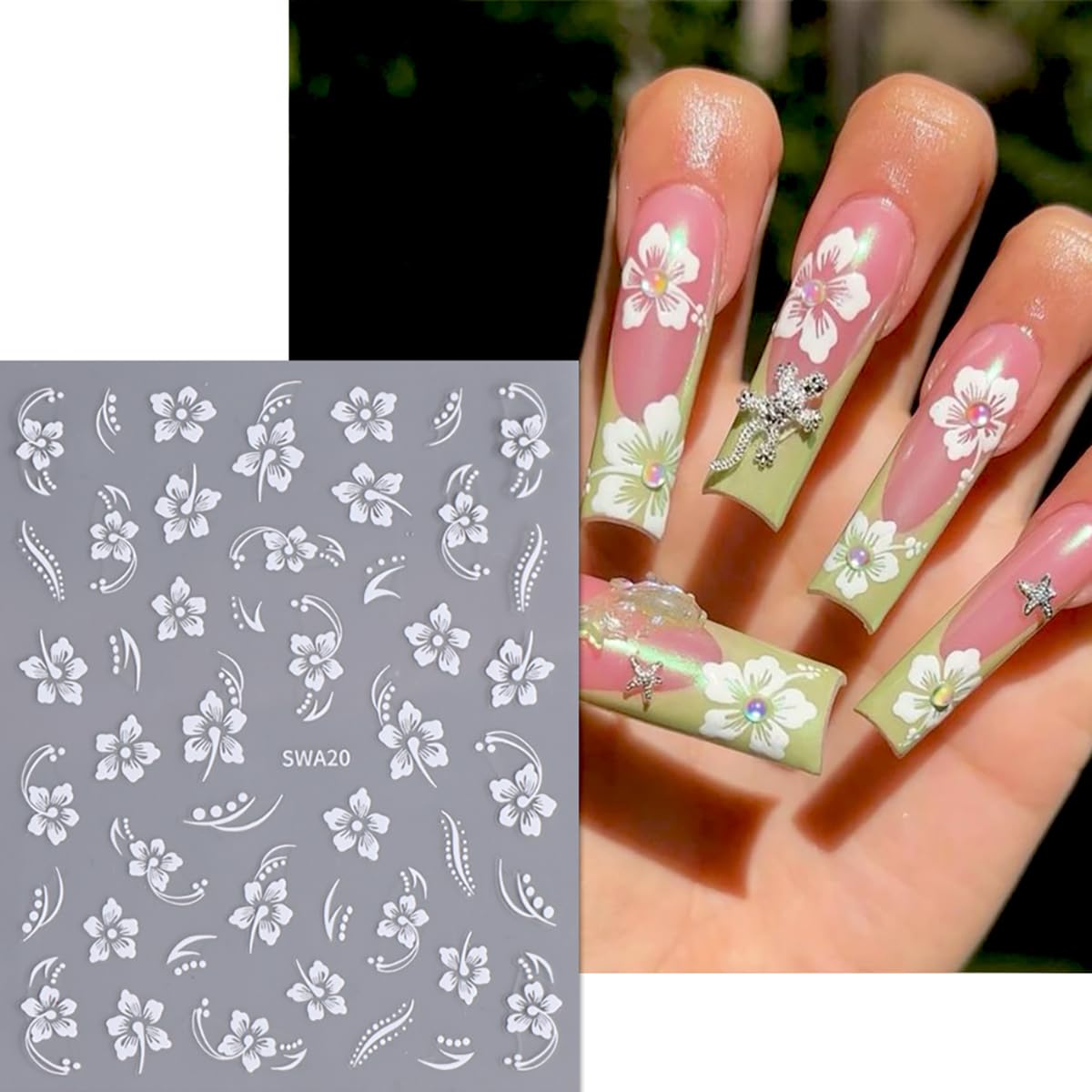 8 Sheets 3D Flower Nail Art Stickers - Self-Adhesive Pink White Gold Floral Nail Decals for DIY Manicure | Cute Nail Supplies for Women & Girls | Perfect for Parties, Weddings, and Everyday Nail Decorations