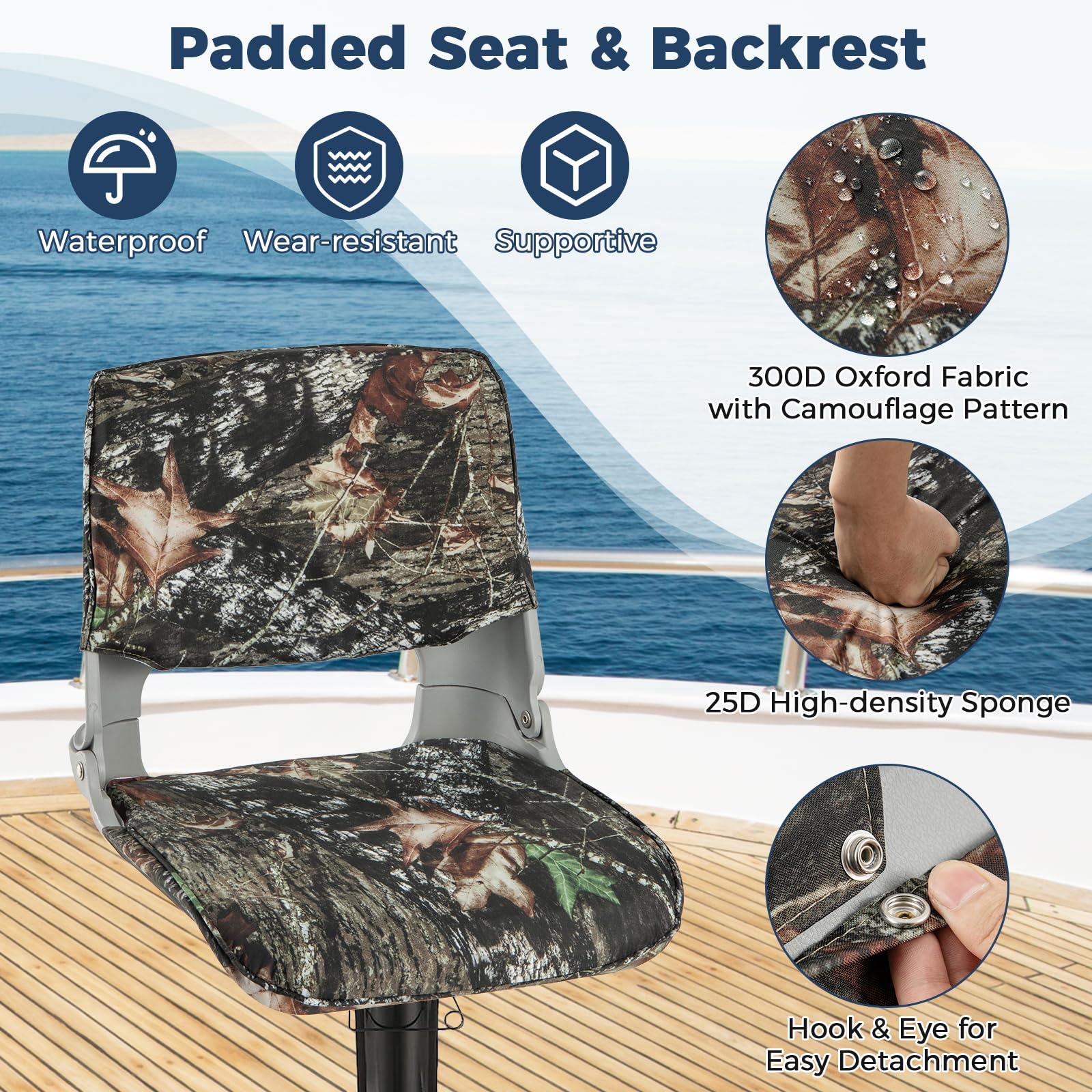 **Goplus Low/High Back Folding Boat Seat with Stainless Steel Screws & Aluminum Hinges – Thickened Sponge Padding, Waterproof Design – Perfect for Fishing, Boating & Marine Use (1 Pack, Camo & Gray)**
