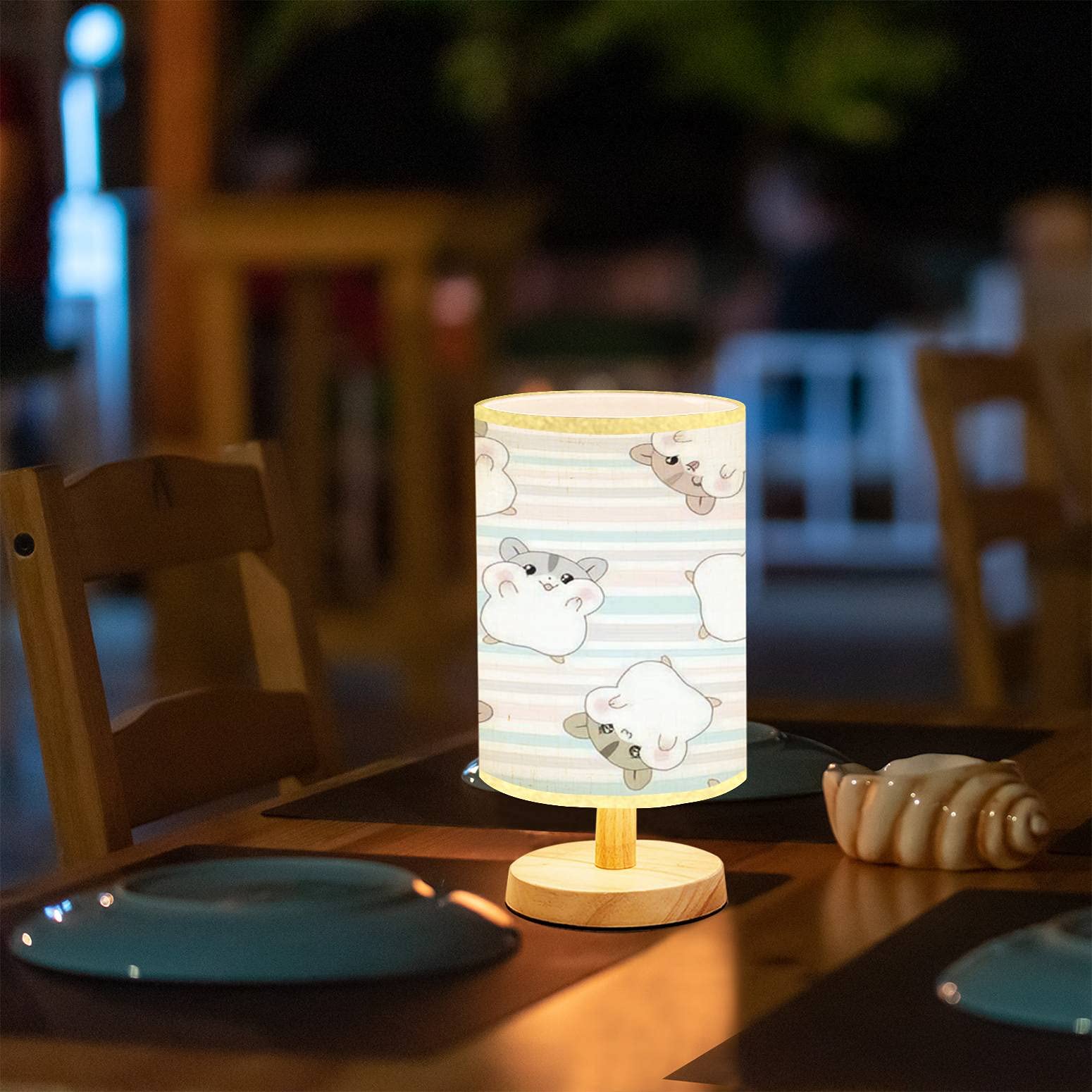 Cute Hamster Seamless Pattern Bedside Table Lamp - Minimalist Wooden Nightstand Light with Flaxen Fabric Shade for Bedroom, Living Room & Nursery - Perfect for Reading, Breastfeeding & Cozy Ambience