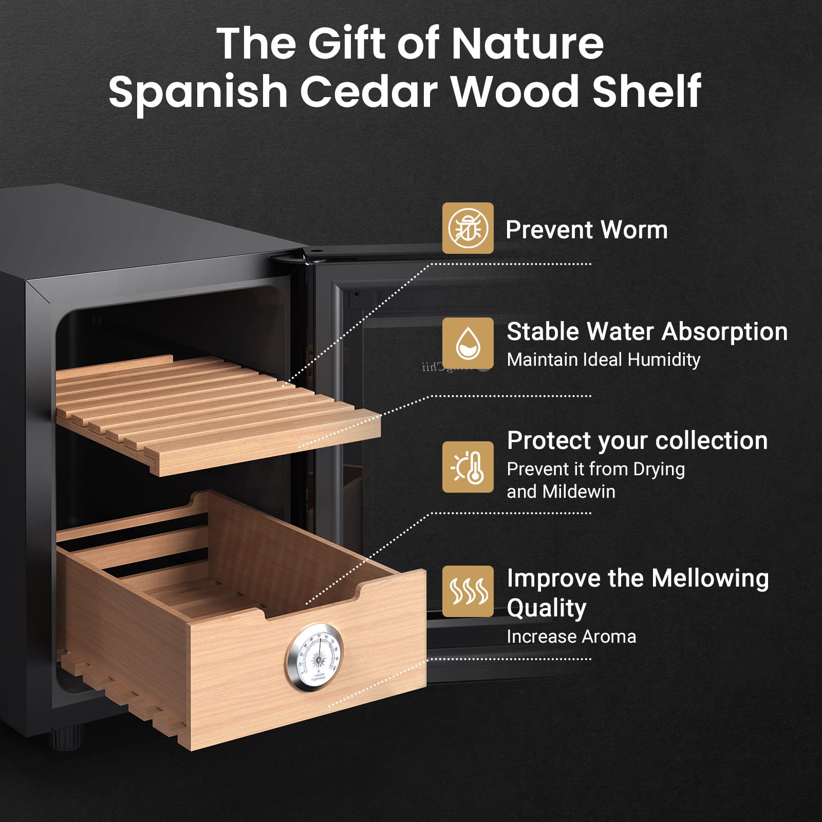 KingChii 16L Electric Cigar Humidor Cabinet with Temperature Control - Spanish Cedar Wood Shelves & Drawer Hygrometer - 100 Cigar Capacity - Perfect Gift for Men - Ideal for Home, Office & Cigar Collection Storage