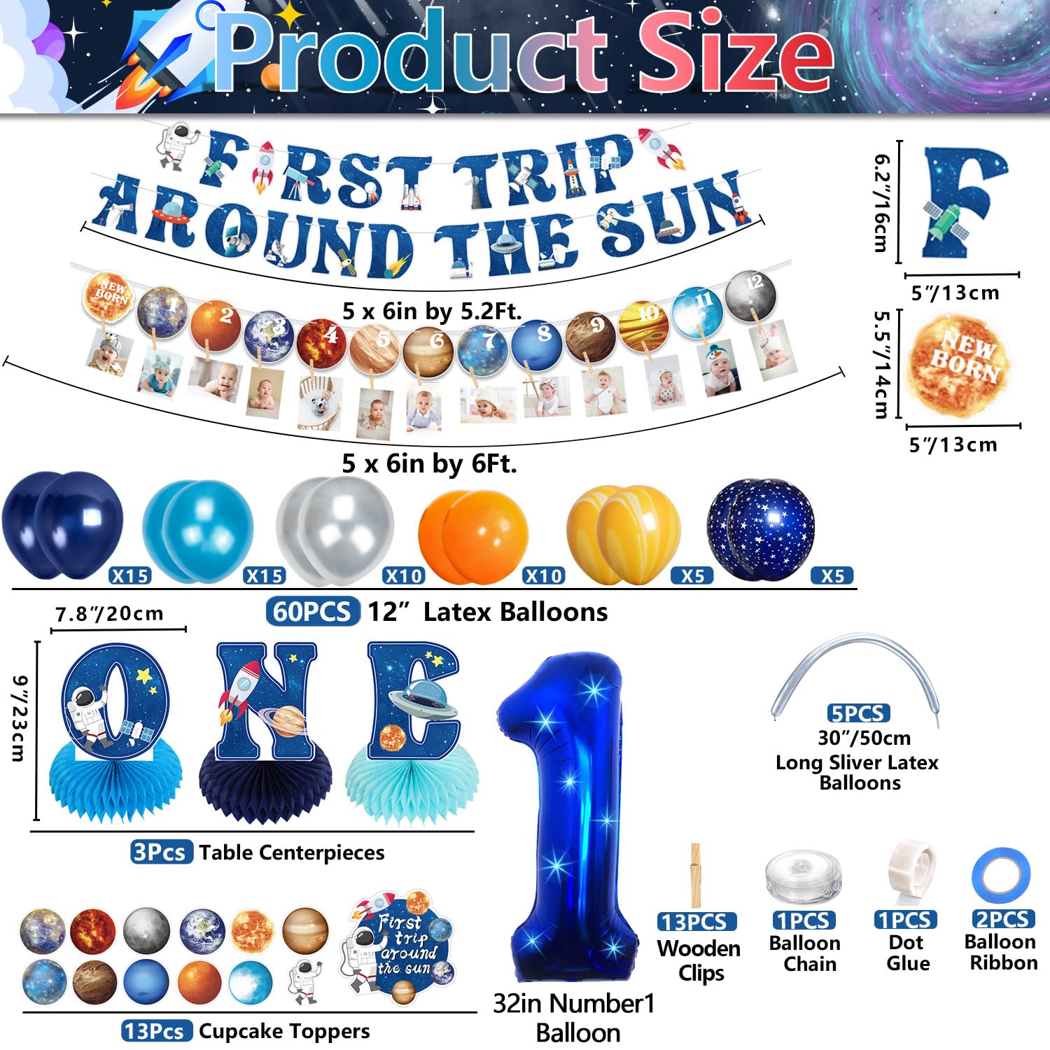 Outer Space 1st Birthday Party Decorations Set - First Trip Around The Sun Banner, Planet Monthly Photo Banner, Honeycomb Centerpiece, Cake Toppers & Balloons - Perfect for Kids' Space-Themed Birthday Party Decor & Photo Backdrop