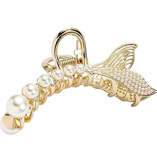 Stylish Pearl Fish Tail Long Claw Hair Clips for Women - Large Barrettes for Thick Hair - Elegant Hair Accessories (Pack of 1) - Perfect for Parties, Weddings & Everyday Hairstyles