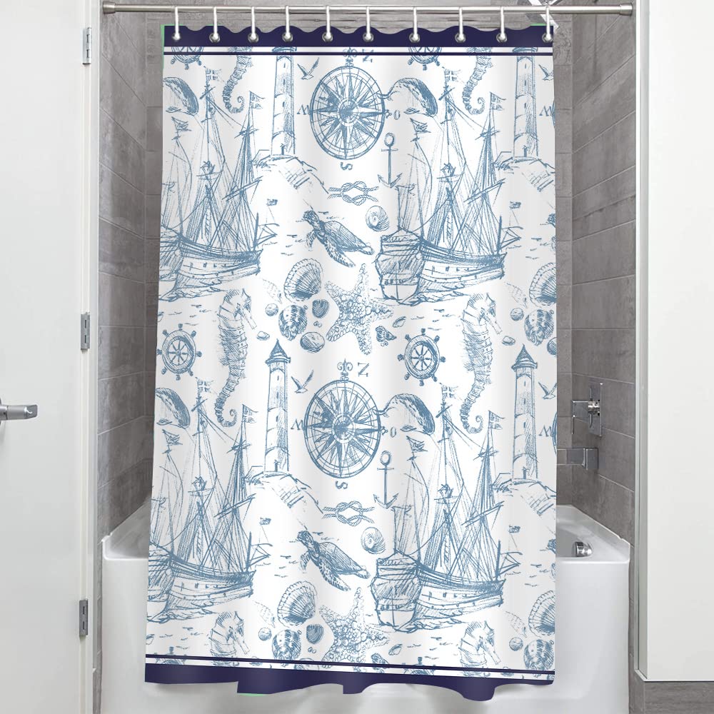 Decoreagy 48x72 Inch Navy Blue Abstract Nautical Shower Curtain Set with Seahorse, Turtle & Compass Design - Waterproof Bath Curtain with Hooks & Washable Liner for Home Bathtubs | Perfect for Beach Theme Bathrooms, Coastal Decor & Kids' Bathroom