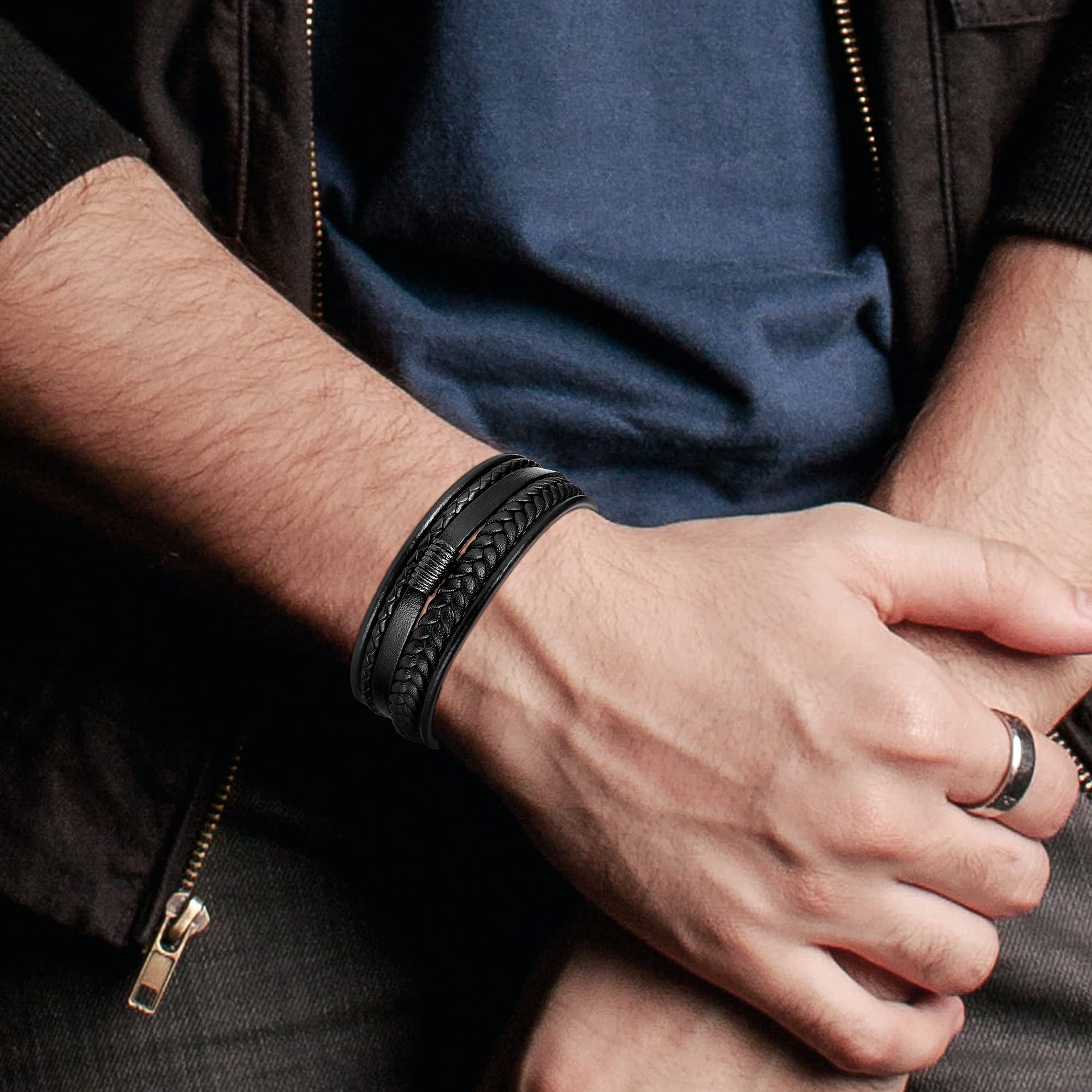 SAILIMUE 5-Pack Black Leather Bracelets for Men & Women - Adjustable Braided Leather Wristbands (7.5-8.5 Inch) - Stylish Cuff Bracelet Set for Casual Wear, Gifts & Fashion Accessories