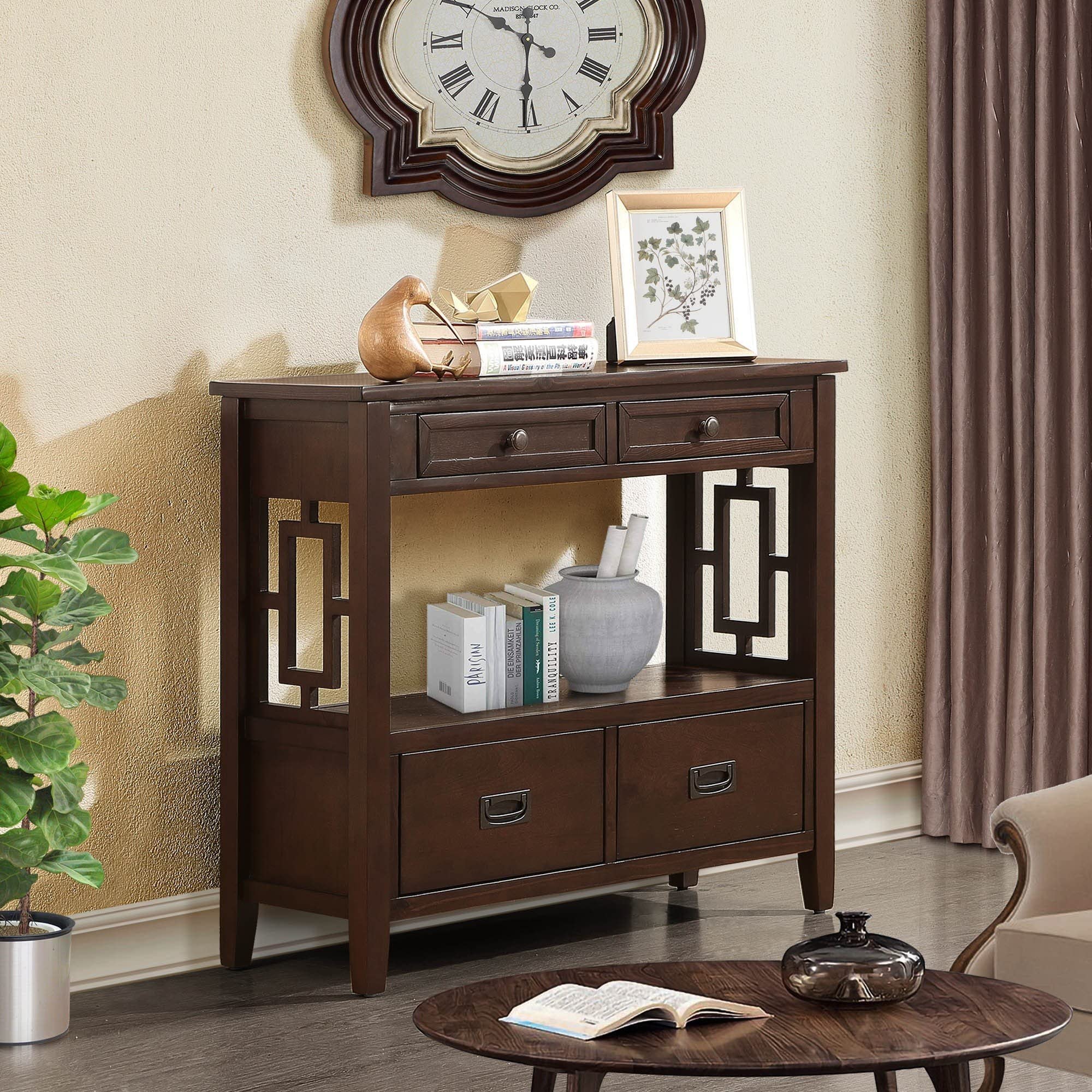 Farmhouse Console Table with Drawers - Narrow Wood Sofa Table with Storage Shelves for Entryway, Living Room, Bedroom, Hallway & Kitchen - Antique Espresso Finish - Perfect for Small Spaces & Home Decor