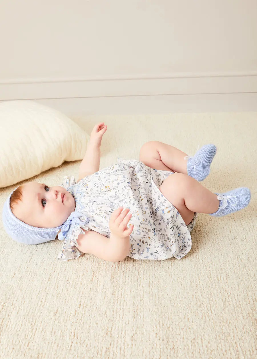 Ellis Sleeveless Dress with Bloomer and Bows in Blue | Liberty Fabric Baby Dress | 12 Months Size | Perfect for Special Occasions & Photo Shoots