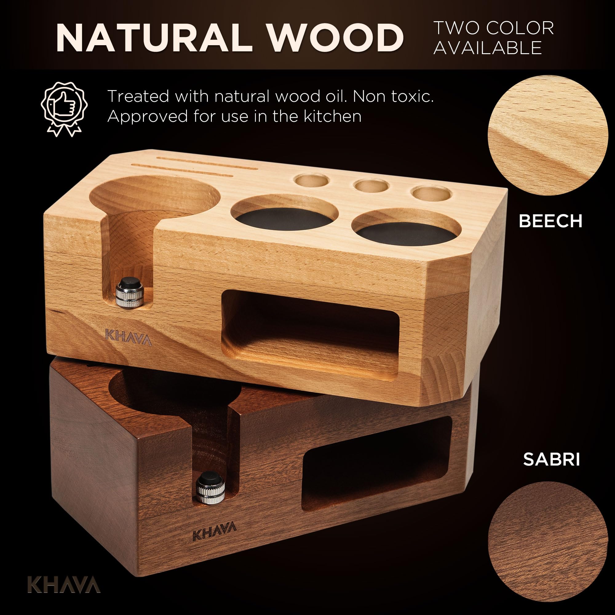 KHAVA Wooden Espresso Tamping Station 58mm - Coffee Bar Organizer for Countertop & Portafilter Holder