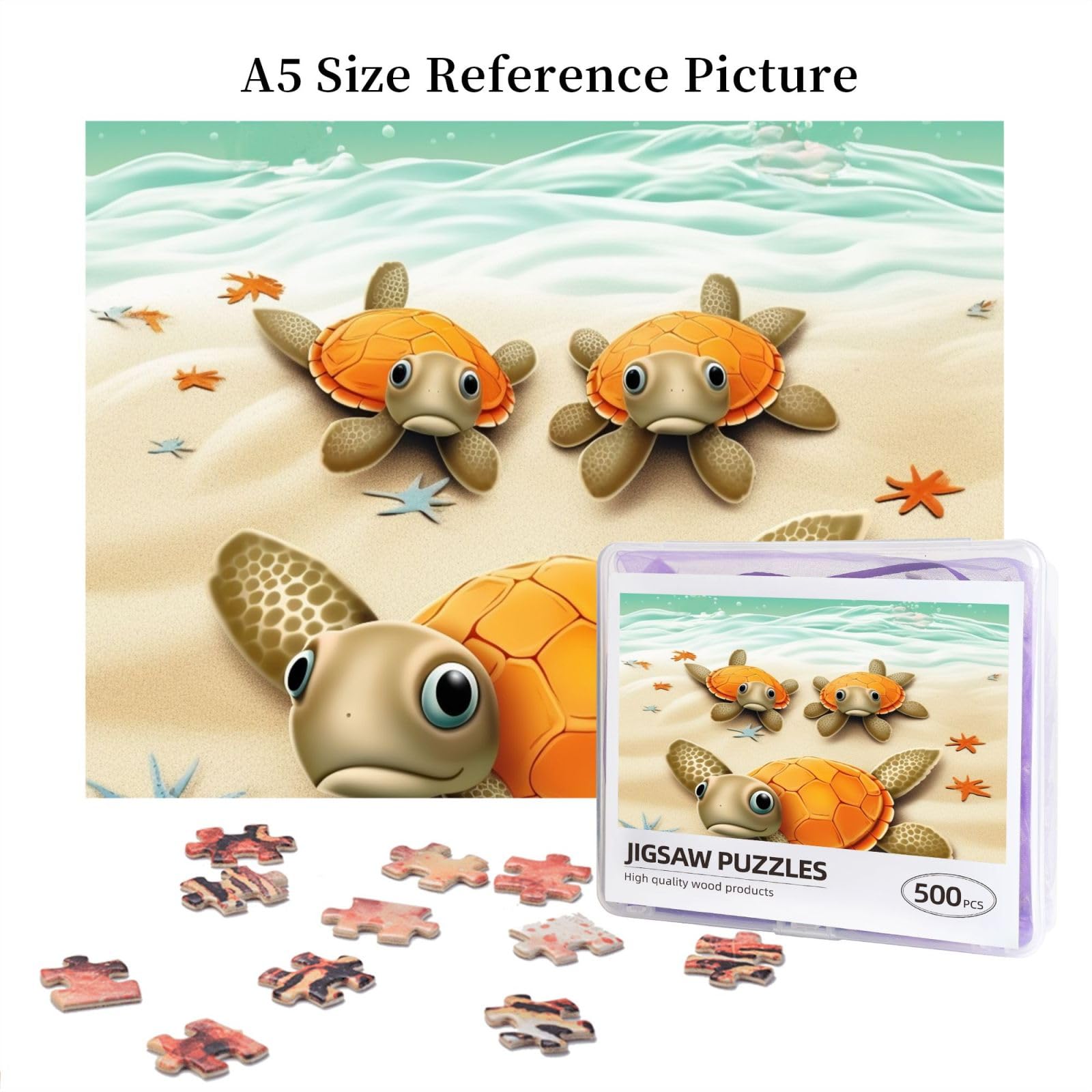 500 Piece Wooden Jigsaw Puzzle - Turtle & Starfish Photo Puzzle for Adults, Personalized Picture Puzzle, Classic Family Game for Wedding, Birthday, Valentine's Day Gifts (20.4