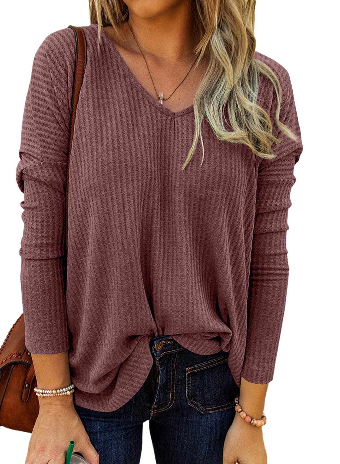 Dokotoo Women's Casual V-Neck Short Sleeve Shirt - Waffle Knit Loose Tunic Top Blouse for Spring & Summer | Comfortable Everyday Wear, Office, Date Night, Weekend Outfits