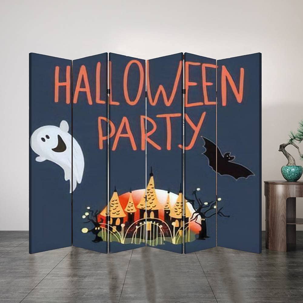 6 Panel Folding Privacy Screen - Halloween Ghost Bat & Witch Castle Canvas Room Divider for Home Office, Bathroom & Events | Trick or Treat Decorative Partition for Halloween Parties & Home Decor