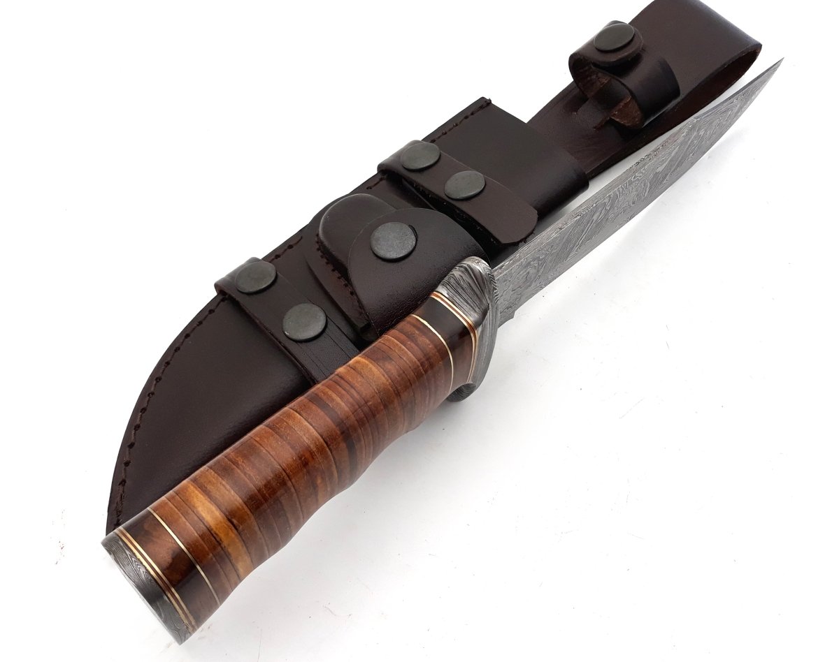 Premium Flux Bowie Knife with Stacked Leather Handle - Tactical Survival Knife for Outdoor Camping, Hunting & Bushcraft - Durable Fixed Blade Knife for Hiking, Adventure & EDC