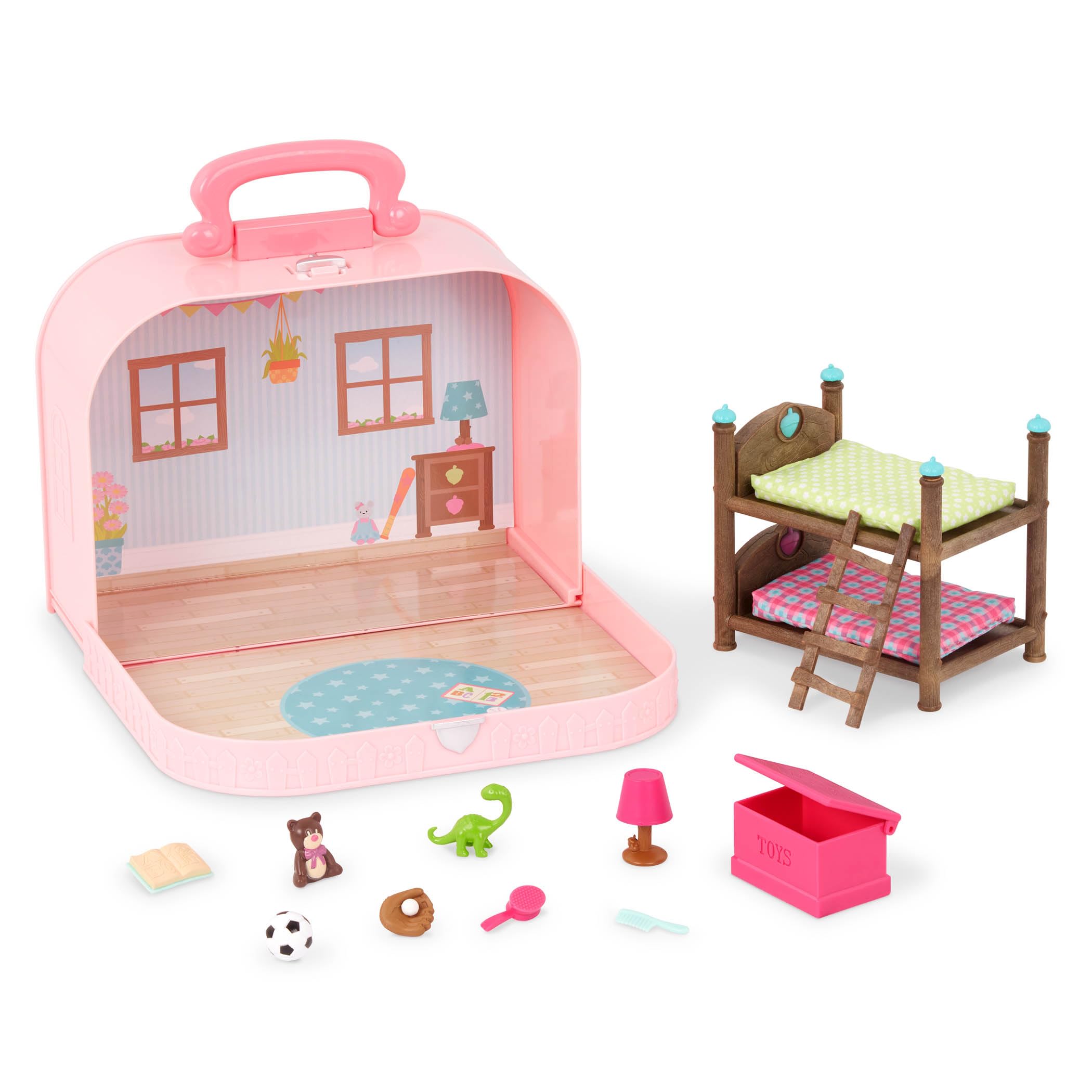 Li’l Woodzeez Bunk Beds Playset with Dollhouse Furniture & Accessories - Compact Travel Toy Suitcase for Kids Age 3+ - Perfect for Pretend Play, Travel Entertainment & On-the-Go Fun