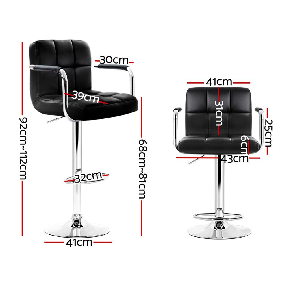 4 Bar Stools with Leather Seat, Gas Lift & Armrest - Black - Perfect for Kitchen Island, Bar Counter & Dining Room
