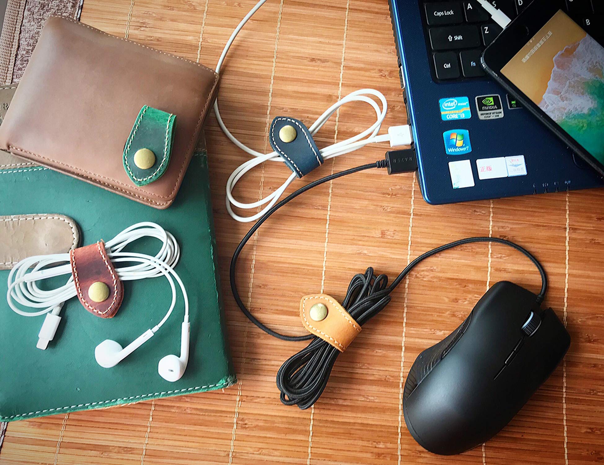 Premium Cord Organizer & Cable Management Kit - USB Holder, Earbud Case, Headphone Winder & Leather Cable Clips for Phone, Computer, Office, Travel - Perfect Desk & Home Organization Accessories