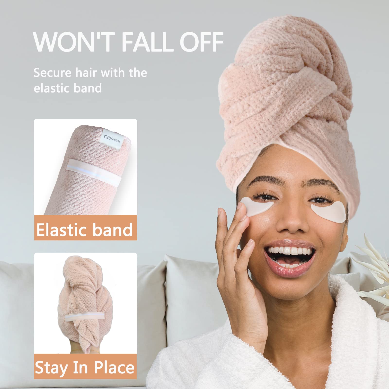 Chloven Jumbo Large Microfiber Hair Towel Wrap for Women - Anti-Frizz Quick Dry Hair Towel with Elastic Strap, Super Absorbent & Ultra Soft XL Hair Wrap for Thick Hair - Perfect for Post-Shower, Salon, Travel & Home Hair Care