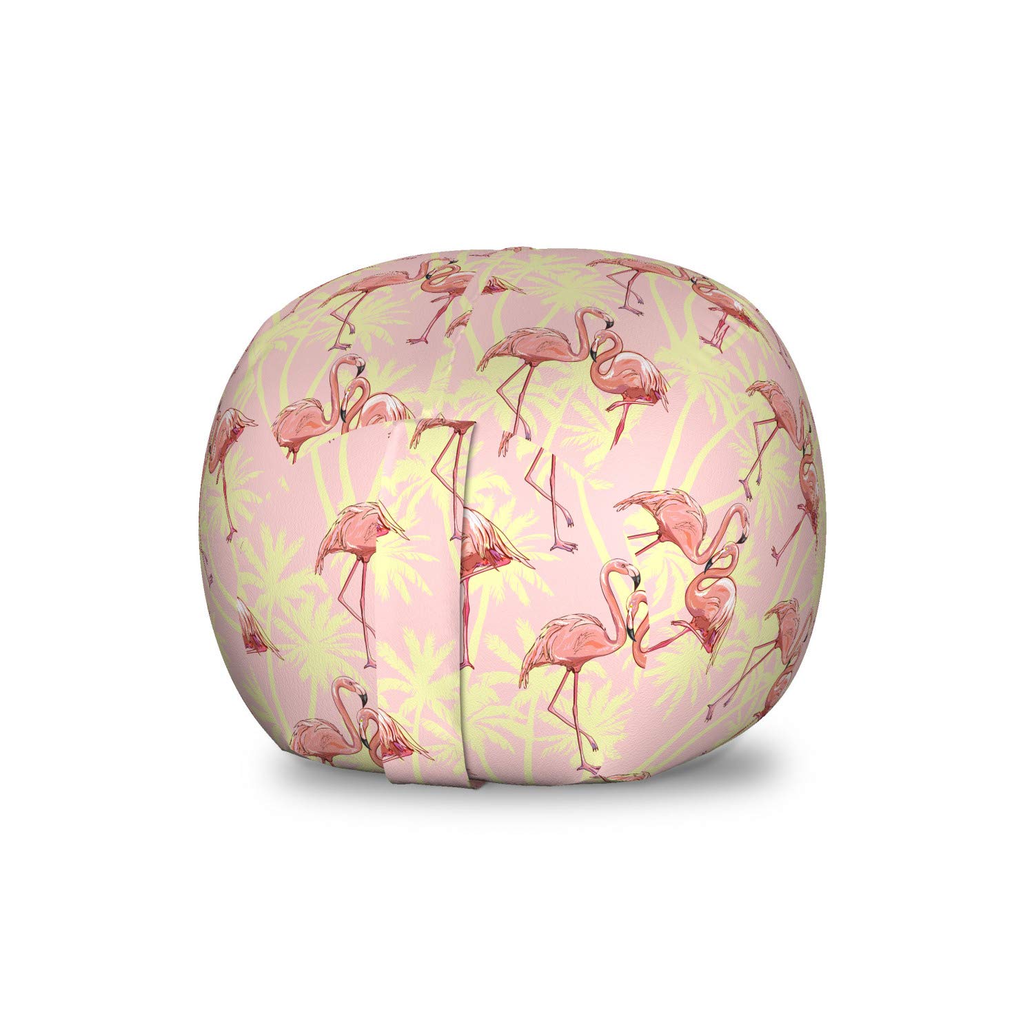 Ambesonne Flamingo Toy Storage Bag Chair - Tropical Palm Leaves Animal Print, Washable Stuffed Animal Organizer, Small Size in Yellow & Pink | Perfect for Kids' Room, Playroom & Nursery Organization
