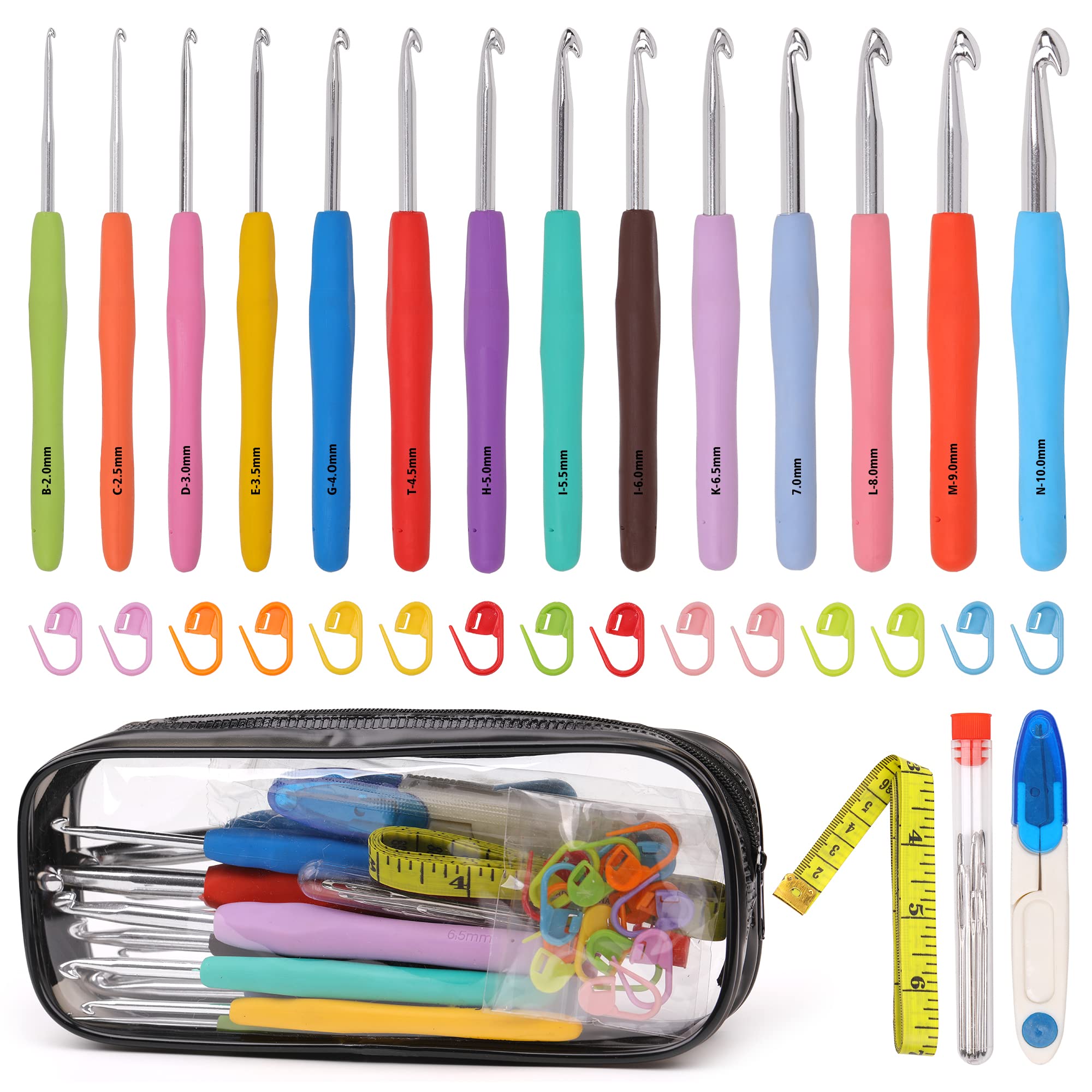14-Piece Ergonomic Crochet Hooks Set (2mm-10mm) with Stitch Markers & Blunt Needles - Comfortable Knitting Needles for Arthritic Hands & Beginners - Perfect for Yarn Crafts, DIY Projects & Handmade Gifts