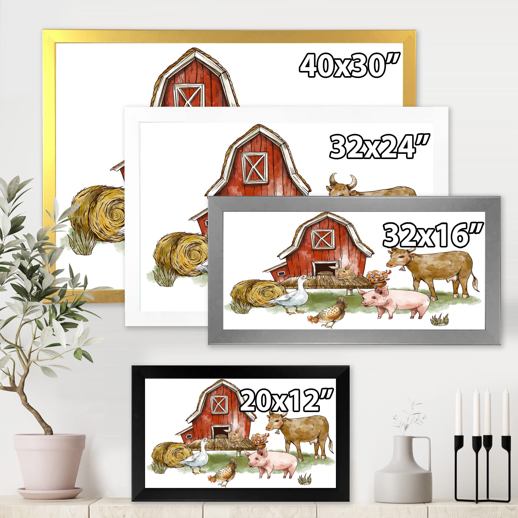 Farmhouse Rustic Framed Wall Art with Goose, Chicken, Cow & Pig - Country Kitchen Decor for Home, Office or Cabin