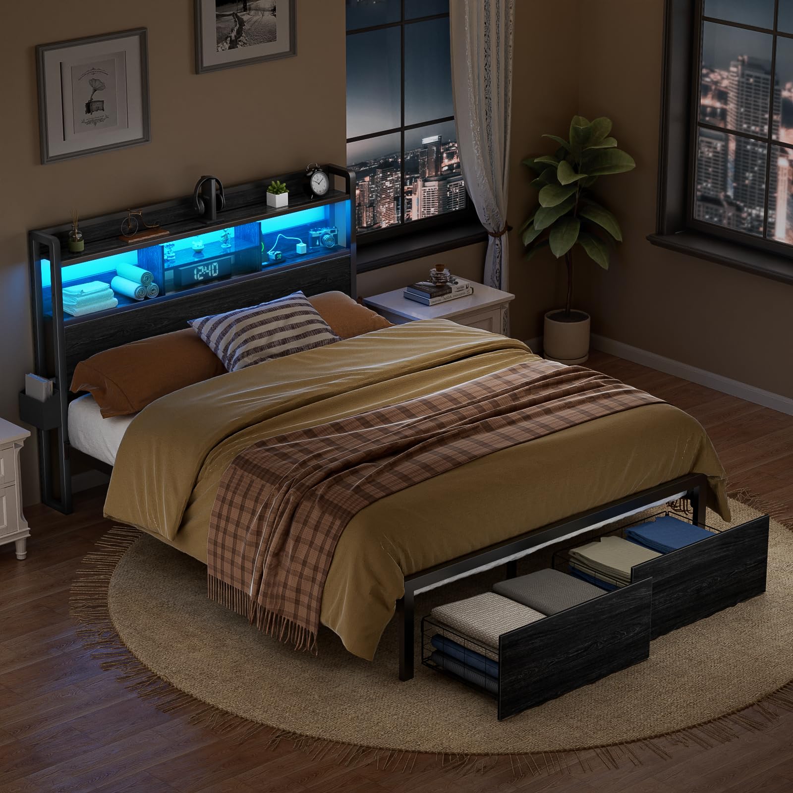 Full Size Bed Frame with Wood Headboard & Storage Drawers - Sturdy Metal Platform Bed with LED Lights, USB Charging Station & Shelf - No Box Spring Needed, Noise Free, Black - Perfect for Small Spaces, Dorms & Modern Bedrooms