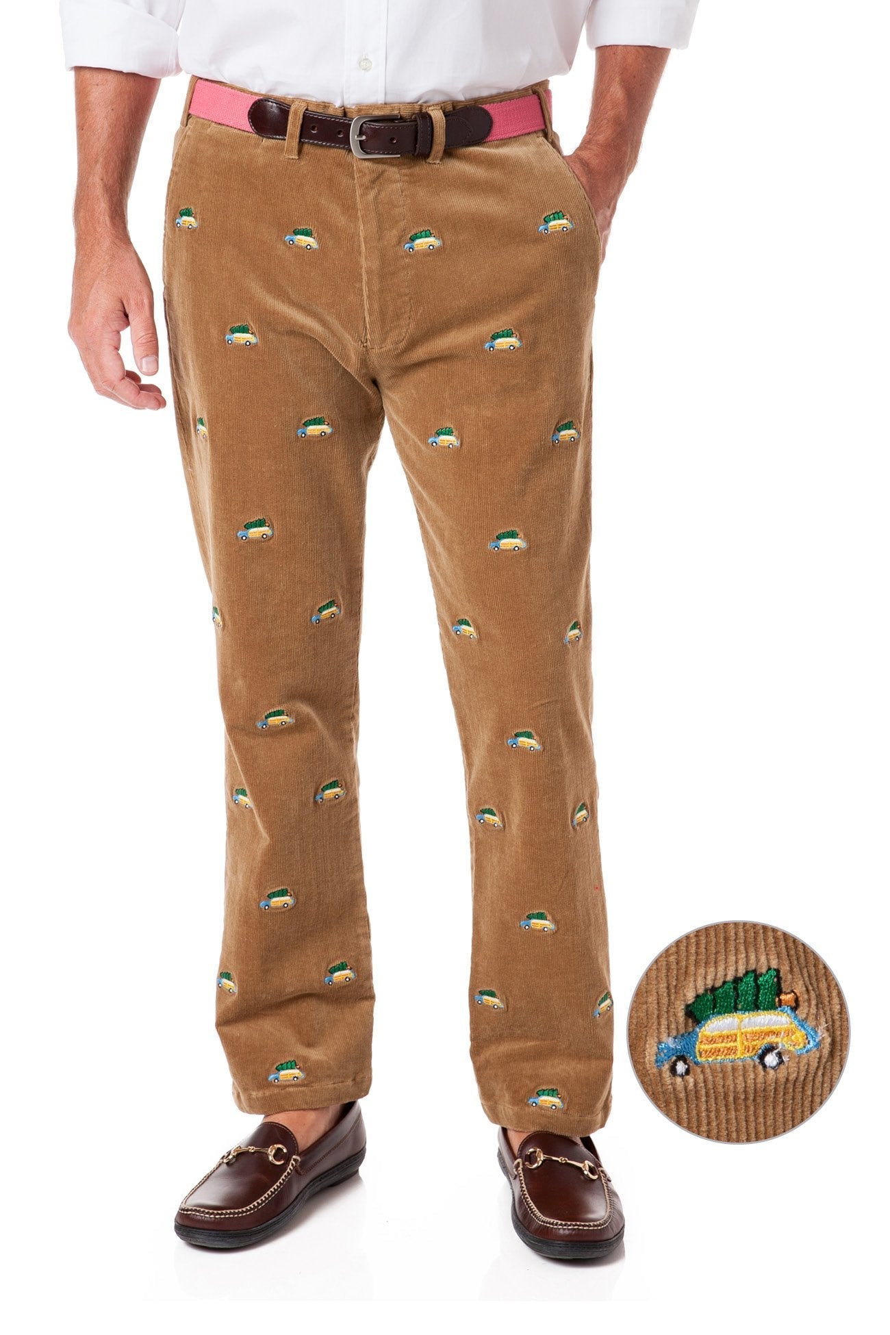Beachcomber Cord Pants for Men - Khaki Corduroy Trousers with Woody & Christmas Tree Print | Casual Winter Wear for Holiday Outfits & Festive Gatherings