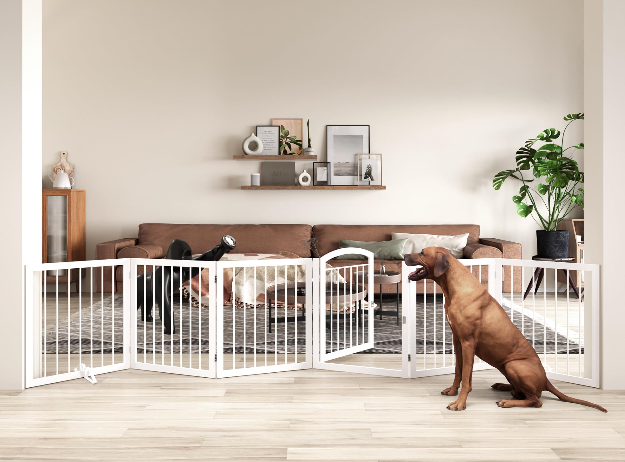 JSB 144-Inch Extra Wide 30-Inch Tall Freestanding Pet Gate with Walk-Through Door - Round Tube Dog Fence for Hallways, Stairs & Large Spaces - Includes 2 Support Feet (White) - Perfect for Puppy Safety & Multi-Room Containment