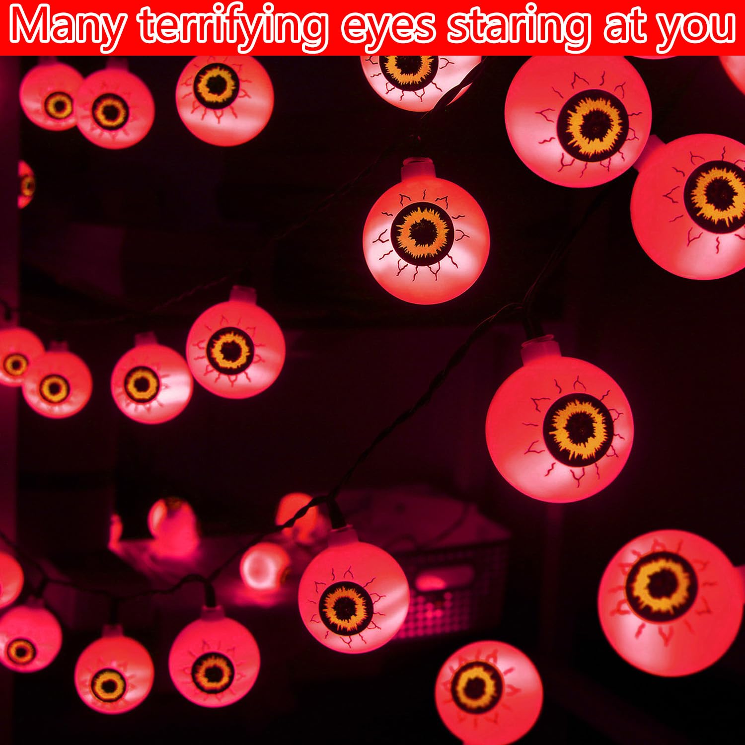 30 LED Large Eyeball Red Solar String Lights - Waterproof Outdoor Halloween Decorations for Yard, Garden, Party, Haunted House & Spooky Night Scenes