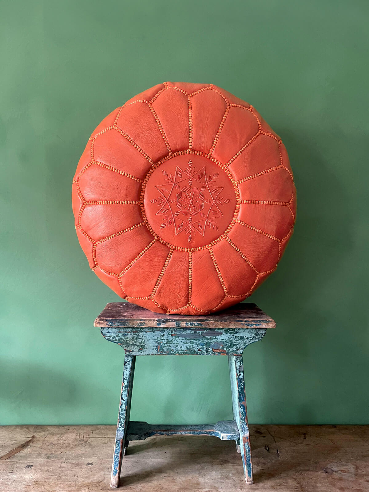 Handmade Moroccan Leather Pouffe Ottoman - Deep Orange Boho Chic Footstool for Living Room, Bedroom & Lounge - Perfect for Home Decor, Relaxation & Extra Seating