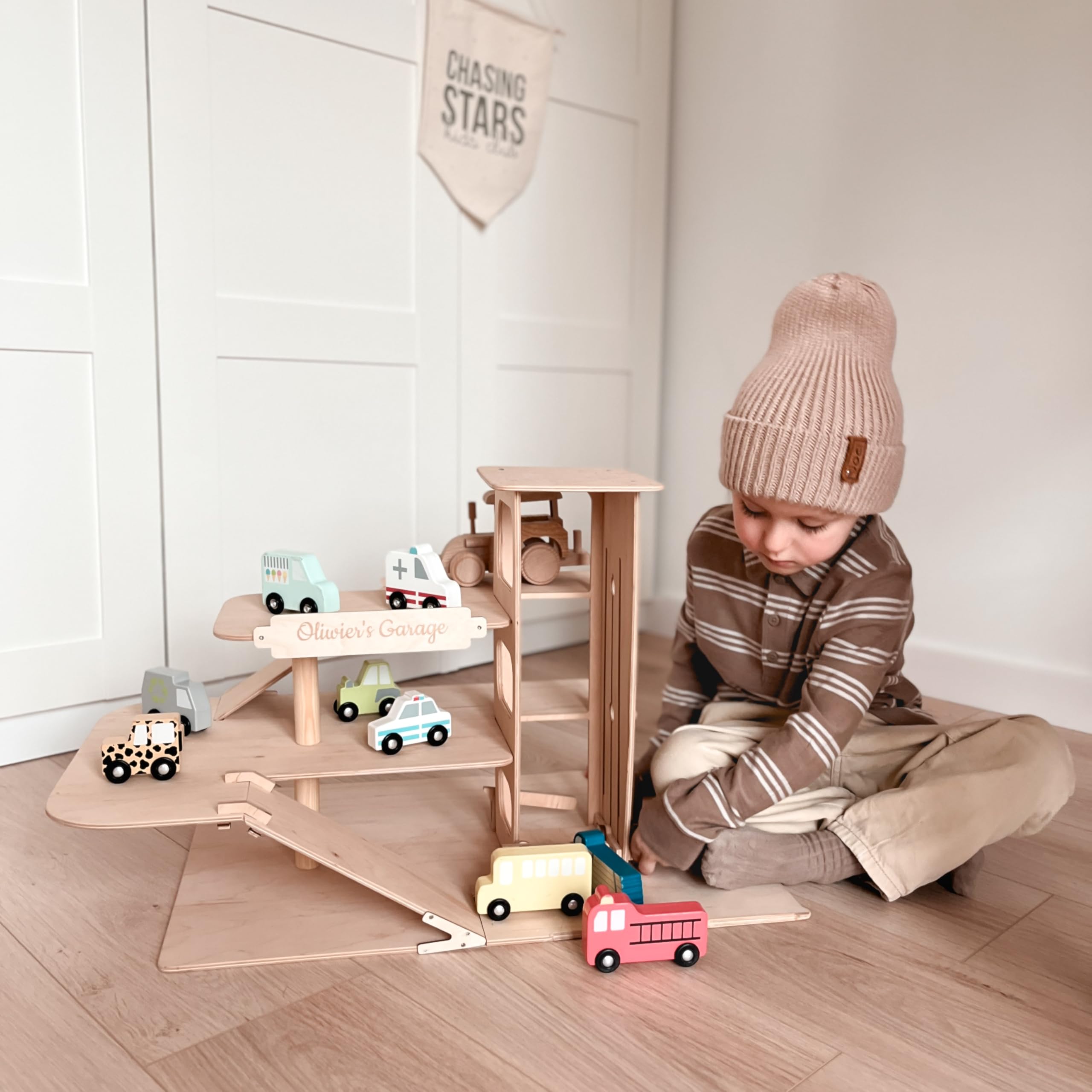 **Wooden Toy Parking Garage with Elevator - Car Storage Organizer for Hot Wheels & Mini Cars - Toddler Gift for Boys & Girls Ages 1-4 - Small Natural Wood Shelf for Playroom, Bedroom, or Daycare**