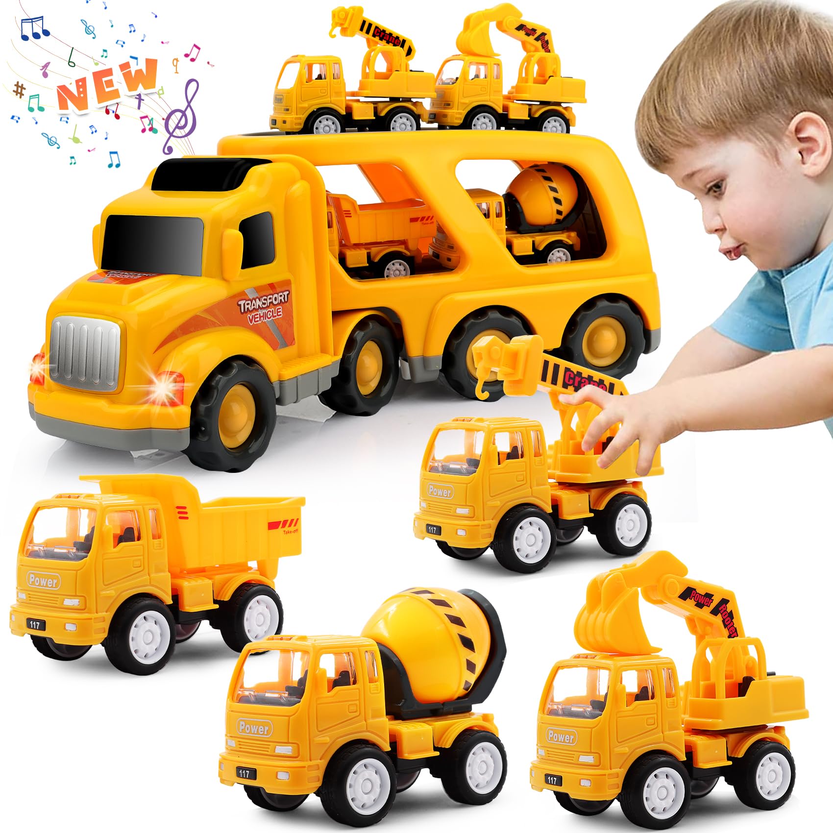 5-in-1 Construction Truck Carrier Toy Set for Toddlers - STEM Learning Vehicles for Boys & Girls Ages 1-4 (18 Months to 4 Years) - Perfect Christmas & Birthday Gift for 1 2 3 Year Old Kids | Great for Pretend Play, Sandbox Fun & Early Childhood Development