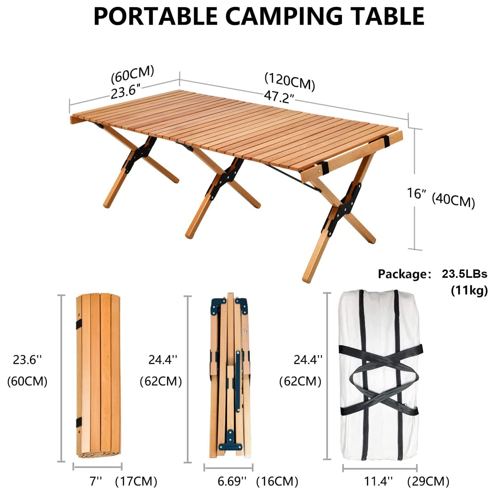 4ft Portable Folding Picnic Table with Carry Bag - Solid Wood Roll-Up Design for Beach, Camping, Travel, Garden & Backyard | Perfect for Outdoor Dining, BBQs, and Picnics
