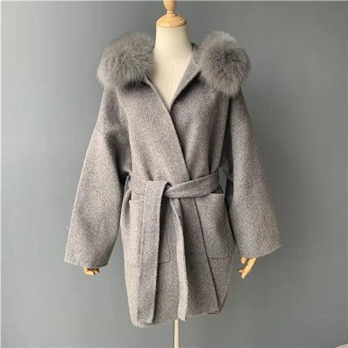 Luxury Women's Winter Coat with Real Fox Fur Hood & Cuffs - 100% Natural Fur, Cashmere Wool Blend, Oversized Loose Fit Jacket for Cold Weather - Perfect for Snowy Days, Outdoor Activities & Fashionable Winter Outfits
