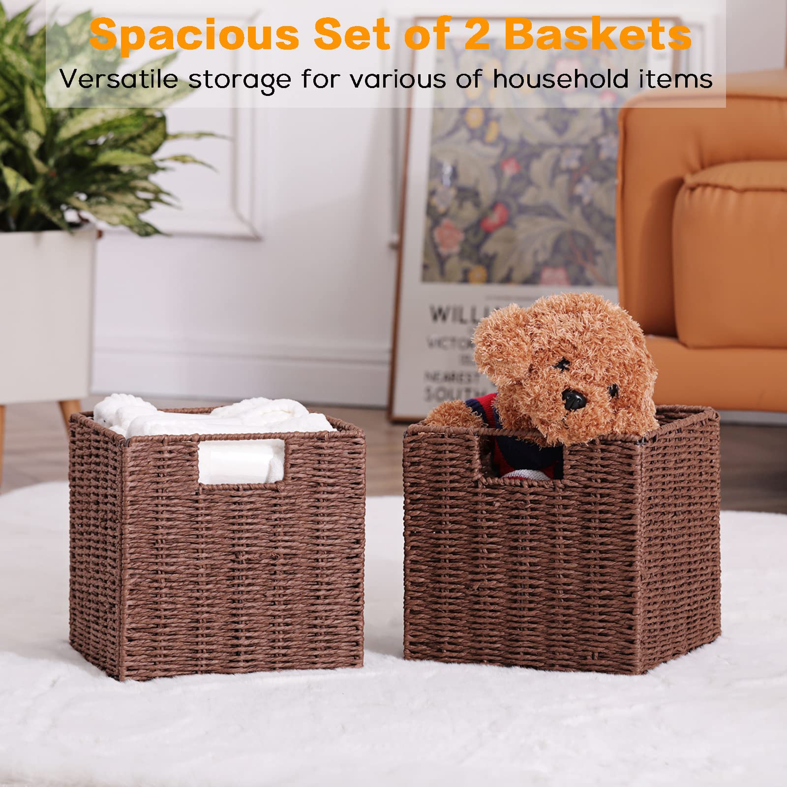 Vagusicc Wicker Storage Basket Set of 2 - Hand-Woven Foldable Cube Bins with Handles for Shelves - 9 Inch Small Woven Baskets for Pantry, Bedroom & Home Organization - Brown - Perfect for Closet Storage, Laundry Room & Nursery Decor
