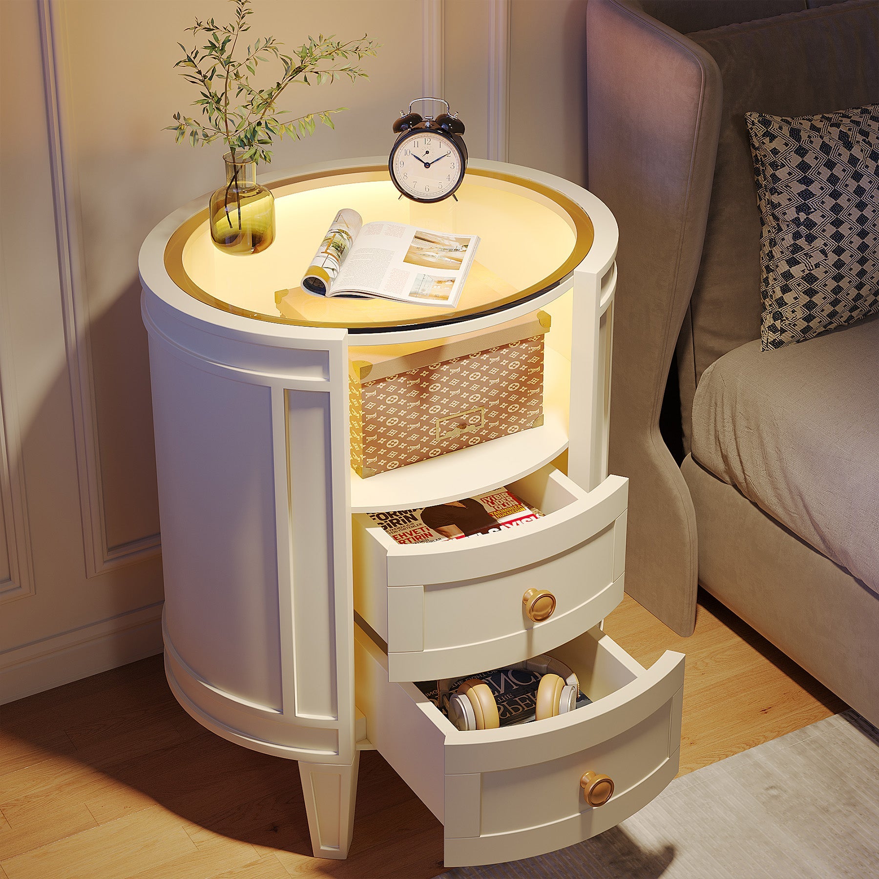 Modern 2-Drawer Nightstand with LED Light & Glass Tabletop - Stylish Bedside Table for Bedroom, Living Room, or Office Use
